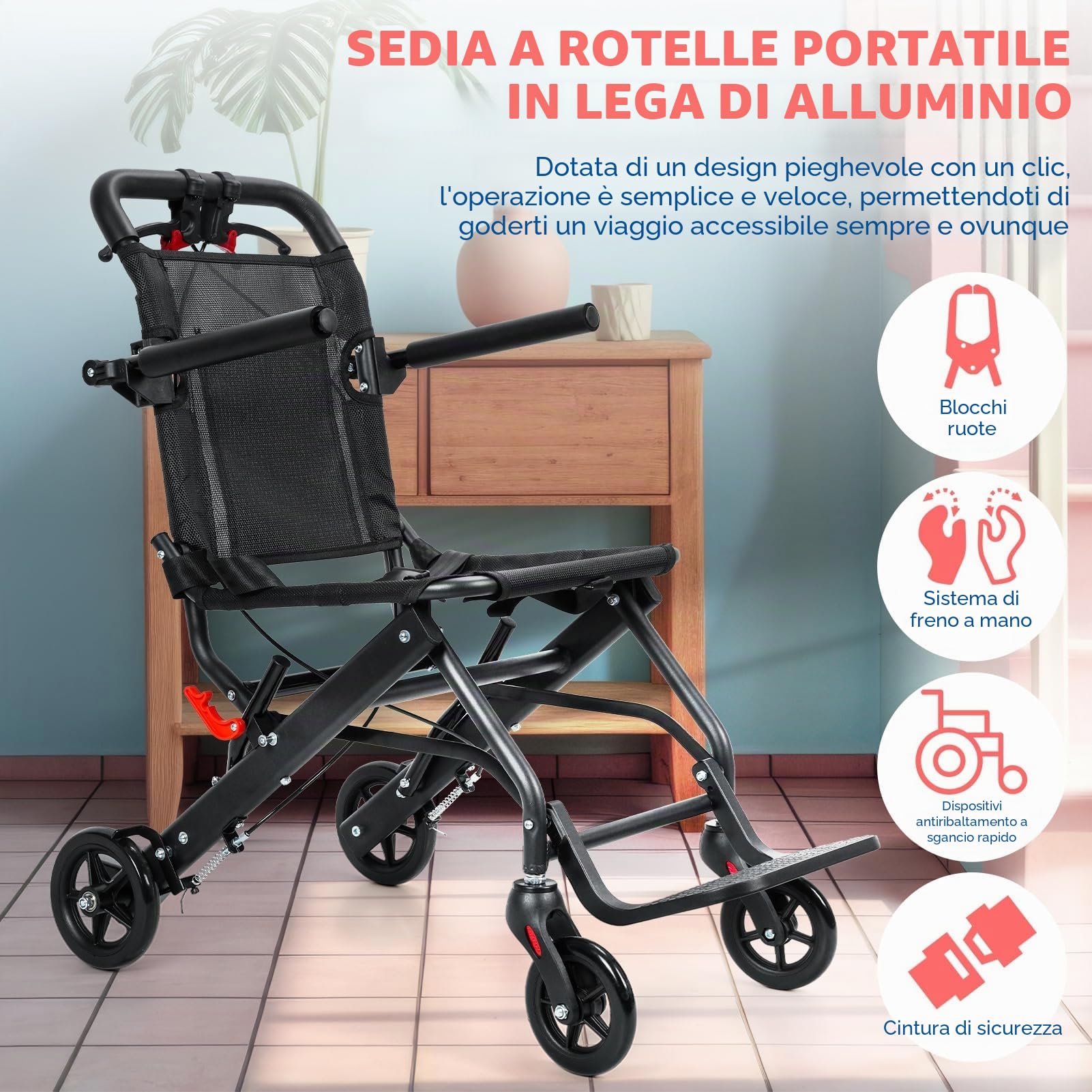 Sedia a rotelle ultra sottile per adulti, leggera, pieghevole, portatile, per viaggiare facilmente, stretta, leggera, pieghevole, colore: nero