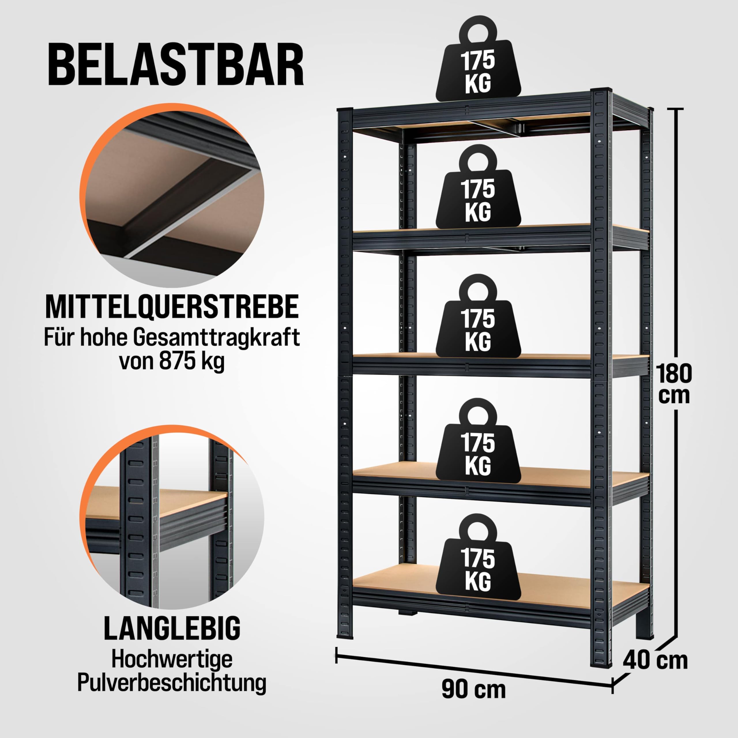 Monzana® Schwerlastregal 180x90x40cm Befestigungsmaterial 875kg 5 MDF-Platten Kellerregal Lagerregal Steckregal Metallregal Werkstattregal Schwarz