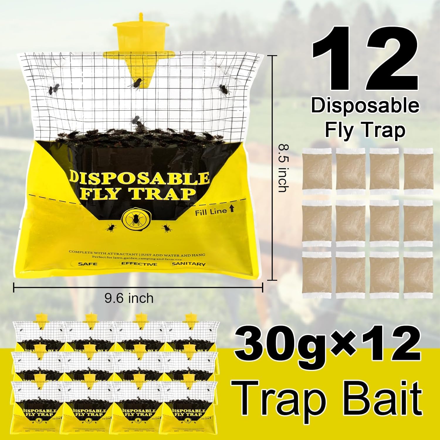 Glovv Fly Traps Outdoor Hanging with Fly Bait, 12 Pack Disposable Bags Hunter Ranch Trap, Flies Control Bug Catcher Killer Repellent for Stable Horse Barn & Farm