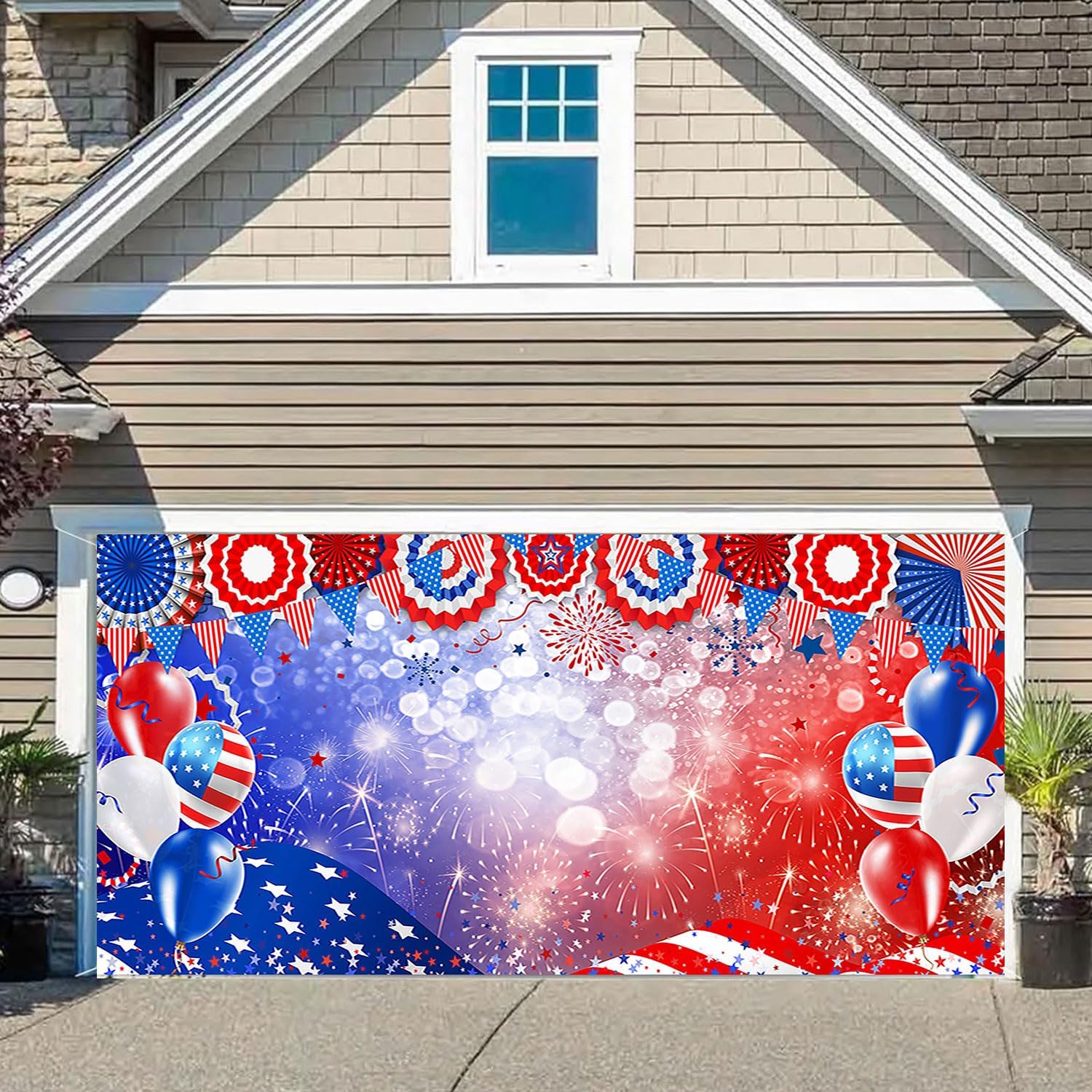 16X7FT 4th of July Garage Door Cover Decorations, American Independence Day Garage Buddy Background, USA Flag Fireworks Memorial Presidents Day America 250 Years Wall Window Yard Decor