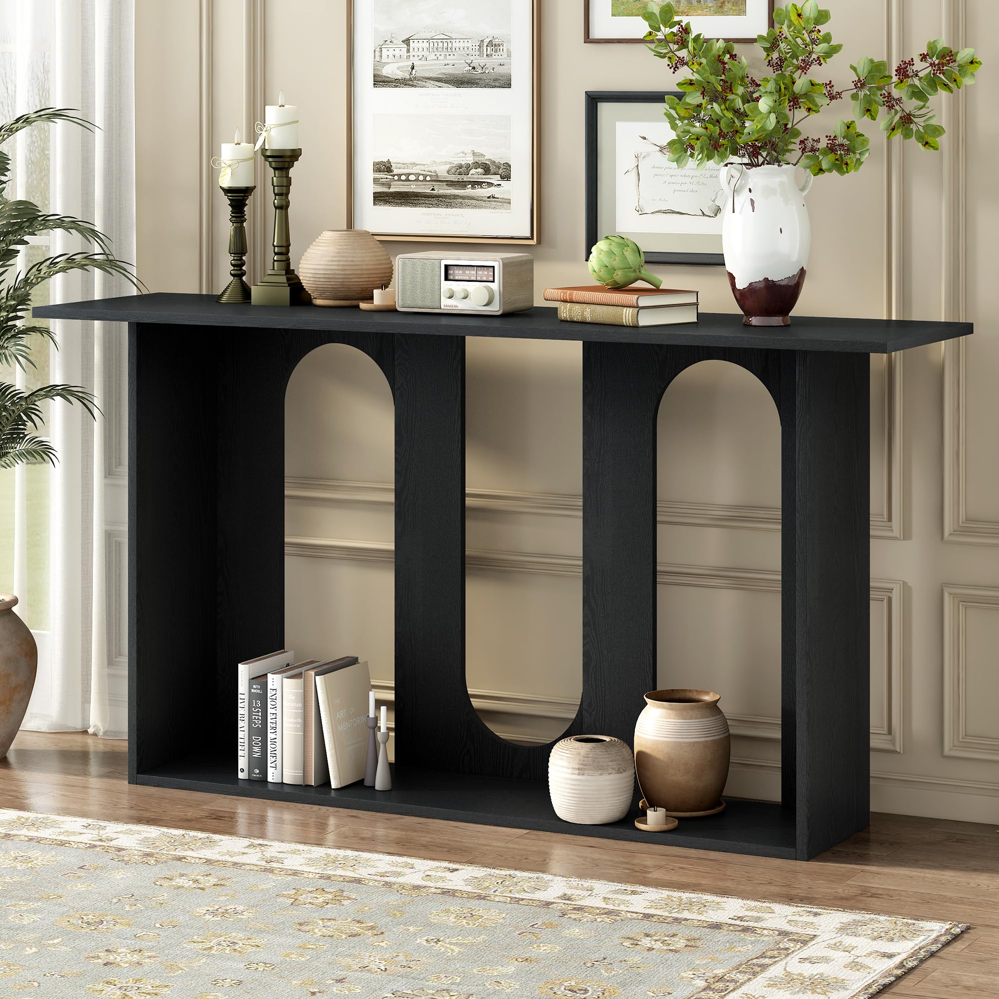 Knocbel Modern Entryway Console Table with Open Storage Shelves, Living Room Entrance Hallway Foyer Sofa Couch Side Table, Easy Assembly (Black 60")