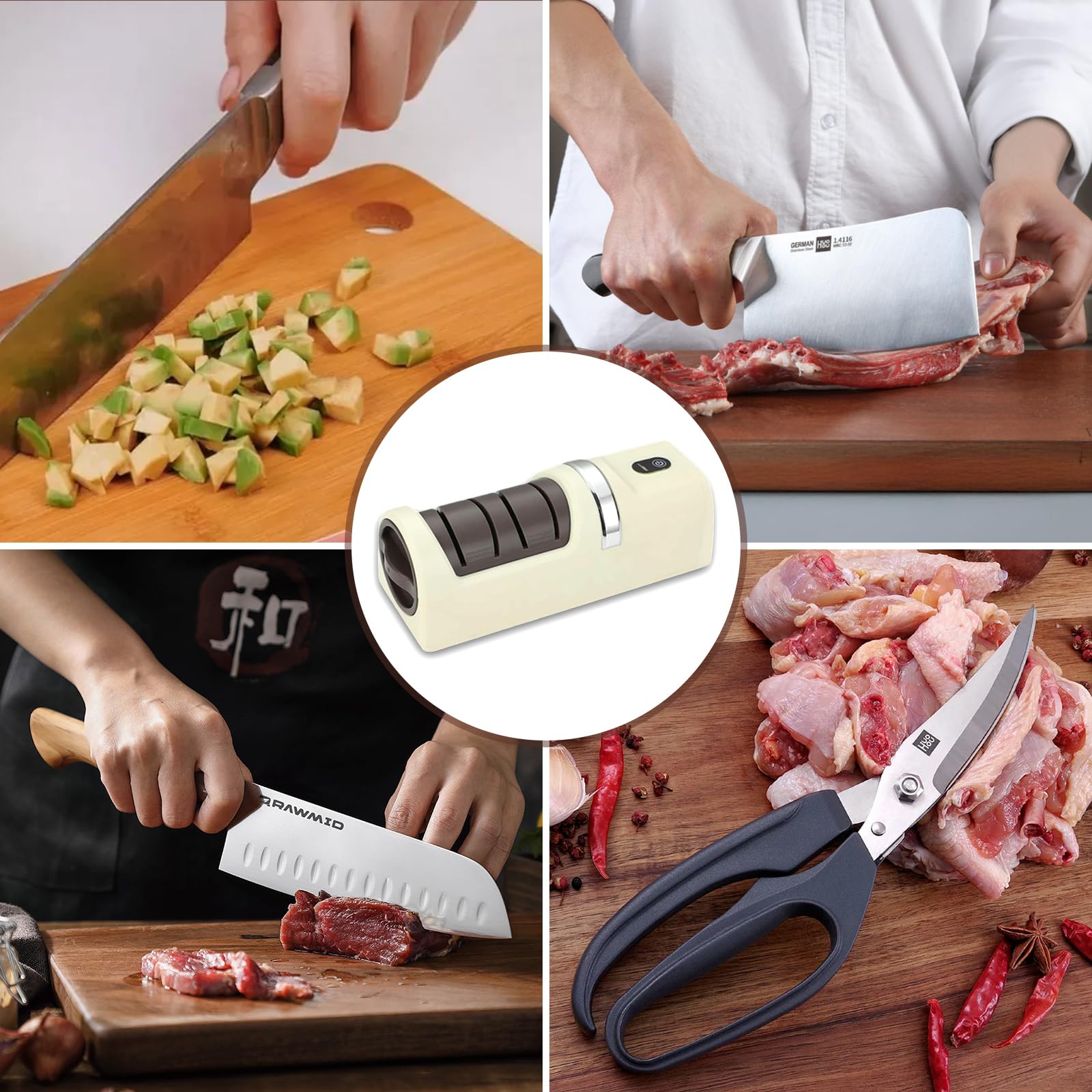 Afilador de Cuchillos Eléctrico Recargable, Profesional con Rueda de Diamante de 2 Etapas, 5800 RPM & 3 Velocidades, Base Antideslizante, Afilado Rápido para Cuchillos de Cocina - Blanco