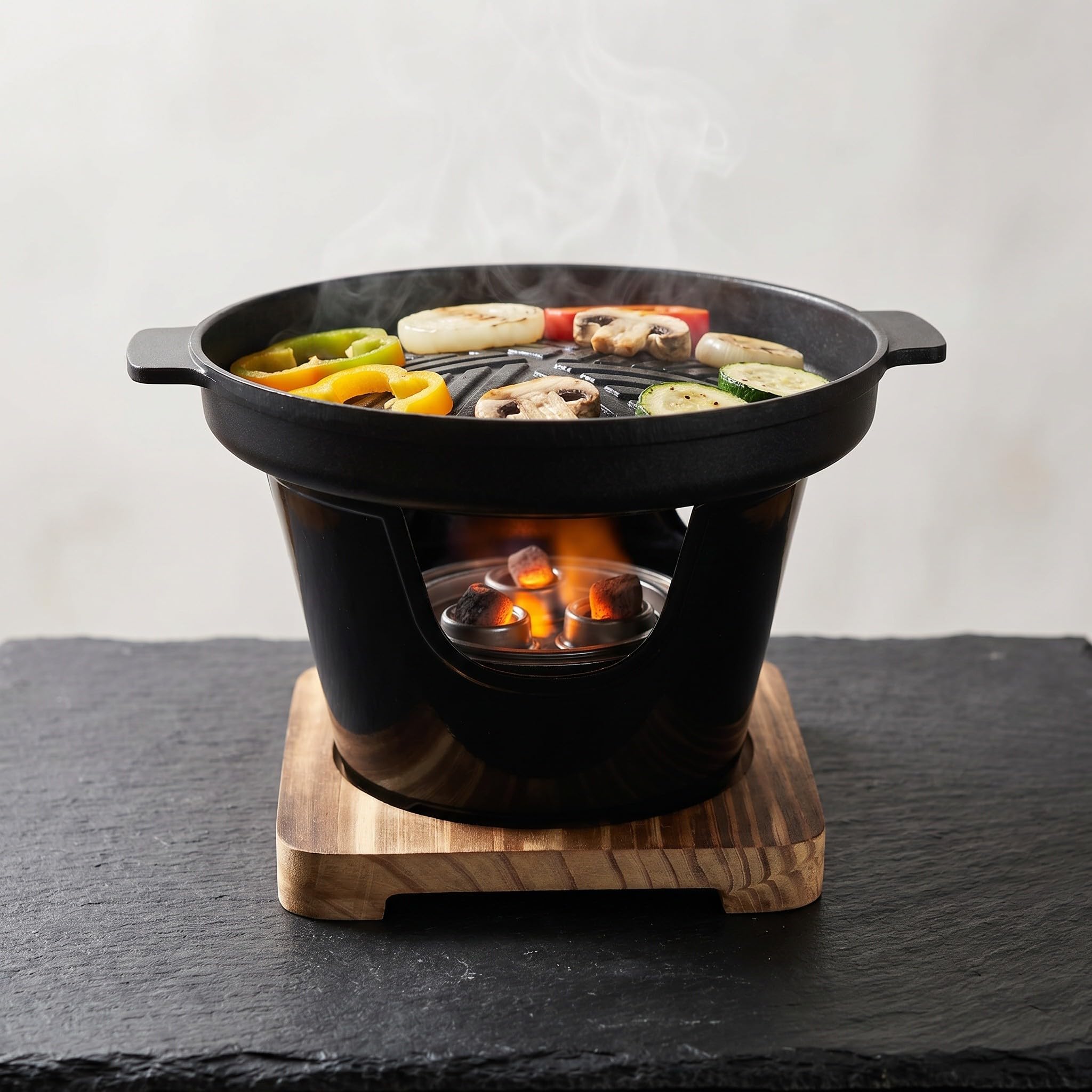Griglia a Carbone Giapponese Rotonda Portatile Nera 19, 5cm | Lega di Alluminio e Base in Legno, Rivestimento Antiaderente, Fondo Ispessito e Maniglia Antiscottatura