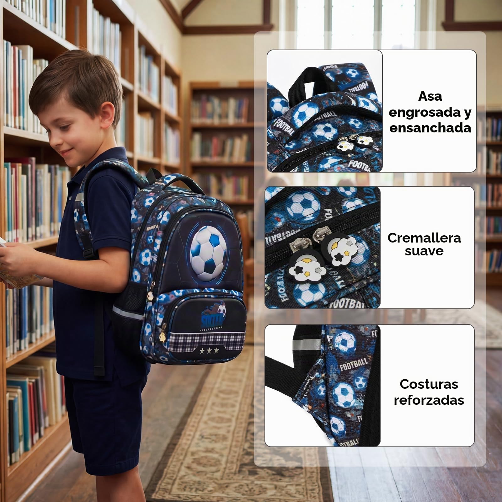 Amythe Mochila Escolar Niños Clases de 1 a 5 Transpirable, Balón de fútbol | Grande Reflectante Impermeable Correa Pectoral Balón de fútbol Daypack Multi-Bolsillos Espacioso Resistente para Colegio