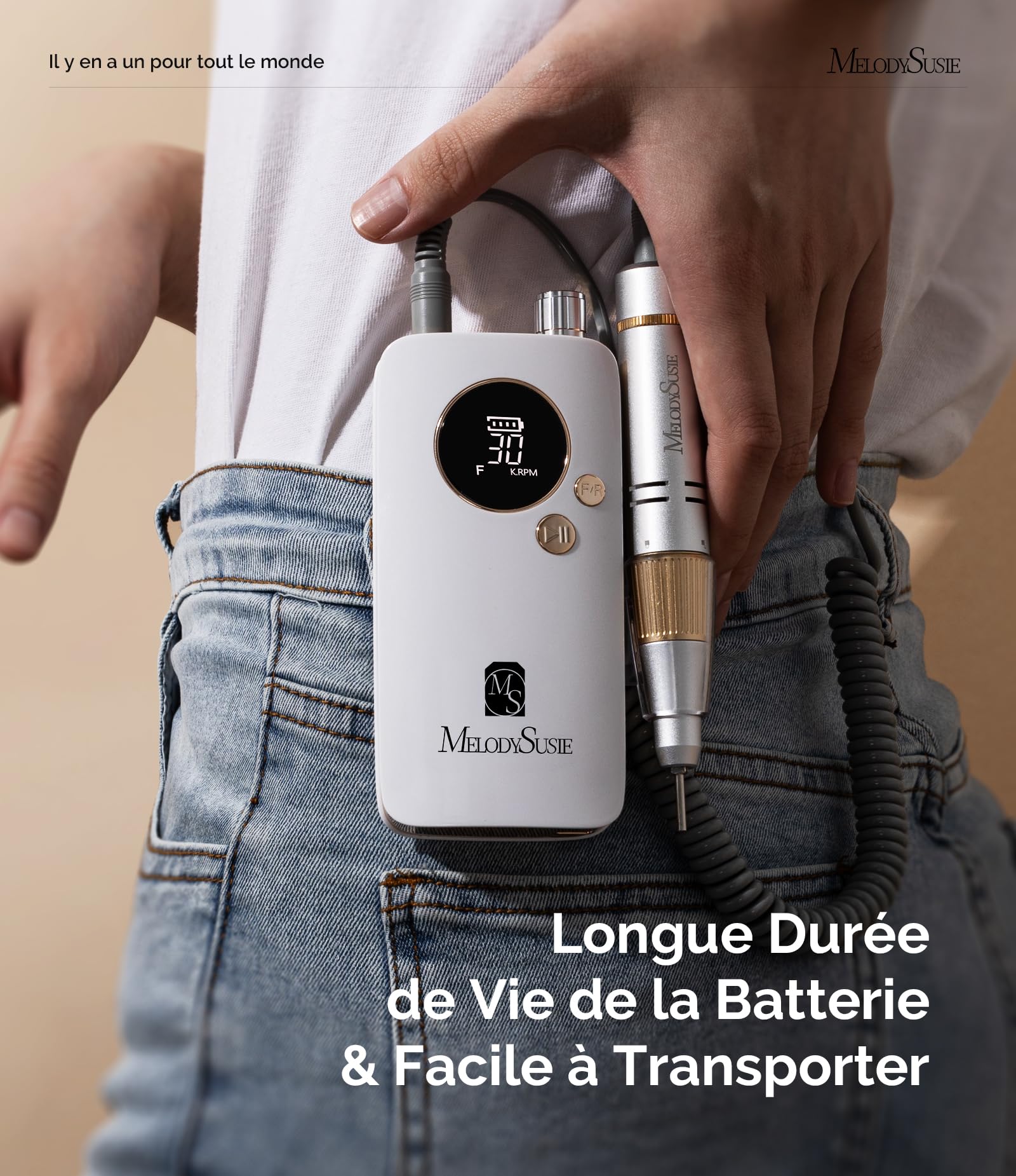 MelodySusie Ponceuse pour Ongles Professionnelle 30 000 tr/min, SC320F Lime à Ongles Électrique Rechargeable sans Fil pour Manucure Pédicure Puissante, Avec 6 Embouts pour Salon/Maison, Blanc&Or