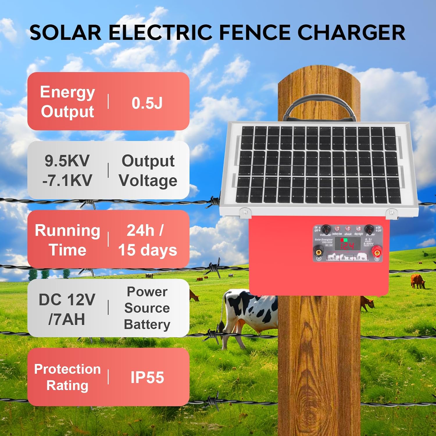 Solar Electric Fence Charger for Livestock,20 Miles Protection Range,24H/14D Uninterrupted Power,9.5KV Adjustable Output,7.5W Solar Panel,0.5 Joules Energy Output