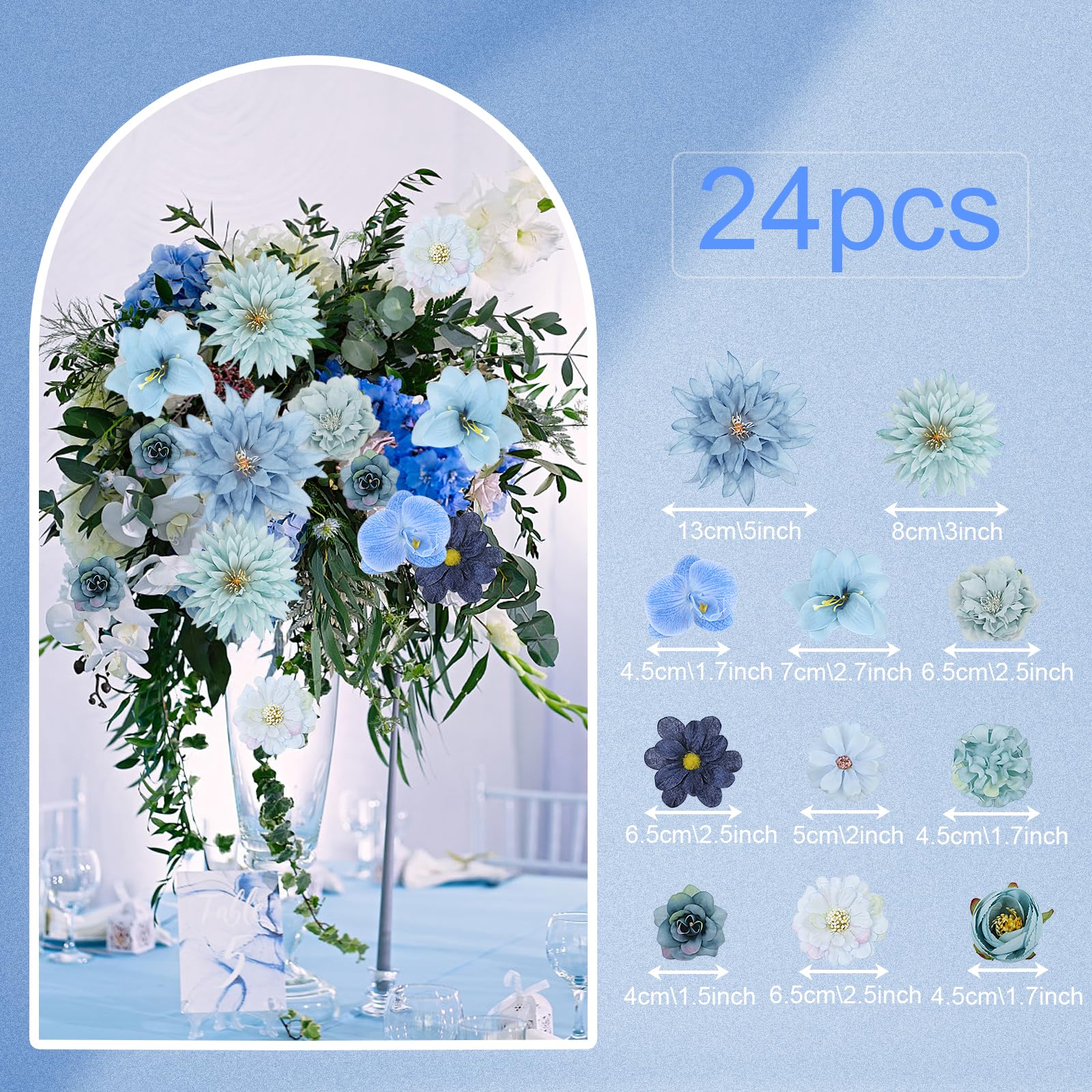LARDUX 24 PCS Artificial Flower Heads-Craft Fake flower Decoration Mini Silk Blue Flower Heads Bulk Mix for DIY Wedding Party Hair Accessory Scrapbooking Home Decor - Image 2