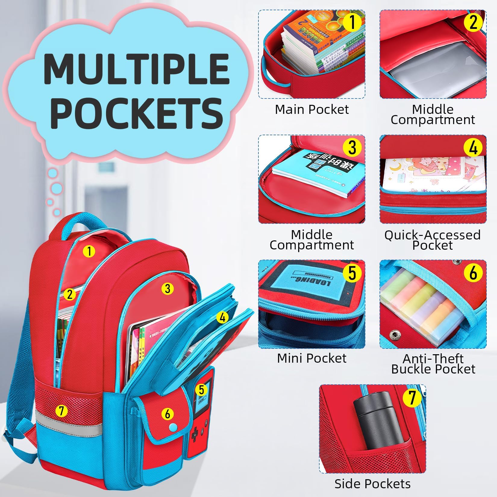 TILYTADLY Zaino scuola per ragazzi – Zaino gamer per scuola media elementare Bookbag, Set zaino rosso-blu, 17.3"x6.7"x12.2", moderno