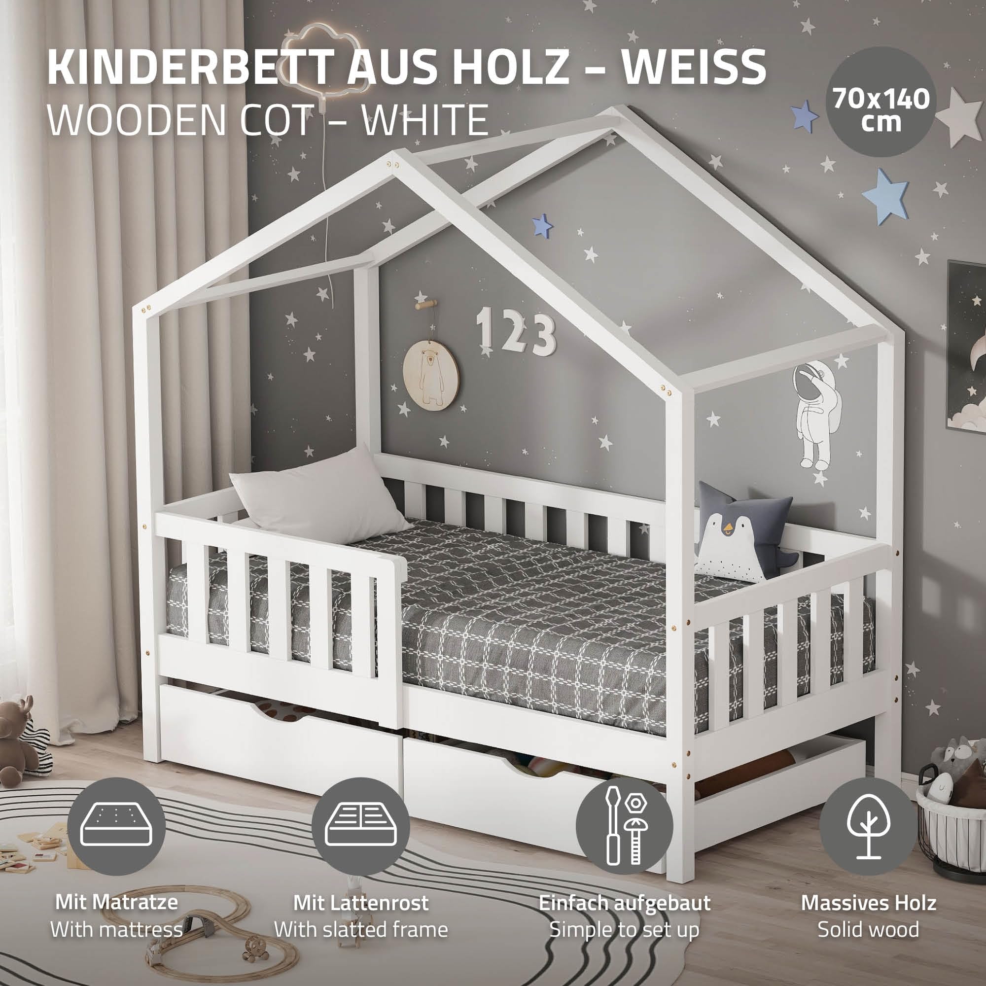 ML-Design Kinderbett Hausbett 70x140 cm Weiß mit Matratze, Holzbett mit 2 Schubladen, Rausfallschutz und Lattenrost, Spielbett aus Kiefernholz, Montessori Bettgestell für Kinder, Bodenbett Bettenhaus