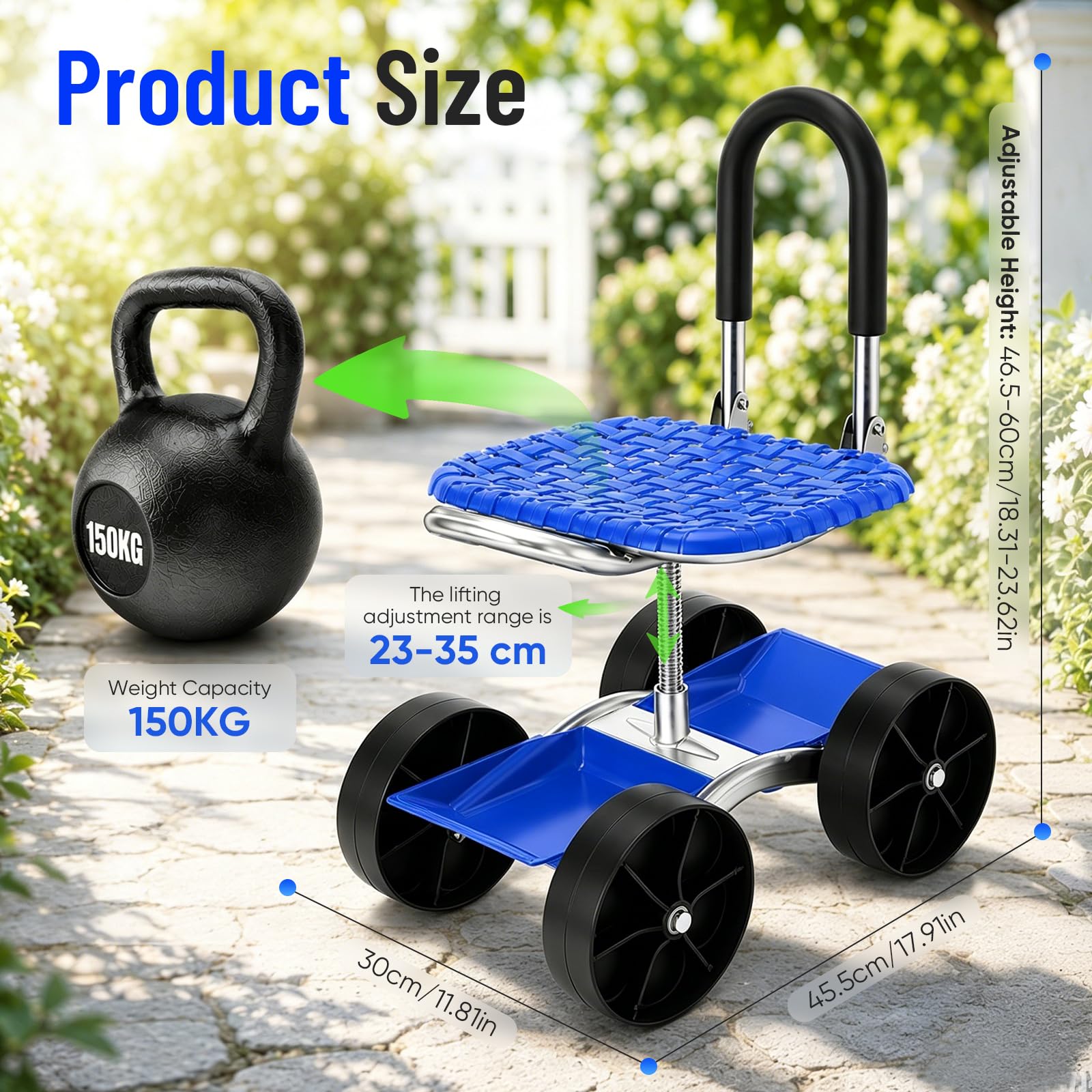 Sgabello Giardino, Carrello Giardino con Ruote Sedile Mobile Panca Lavori in Ginocchio Carrello Girevole a 360° Altezza Regolabile Sgabello Mobile con Maniglia e Vano Portaoggetti Portata fino a 150kg