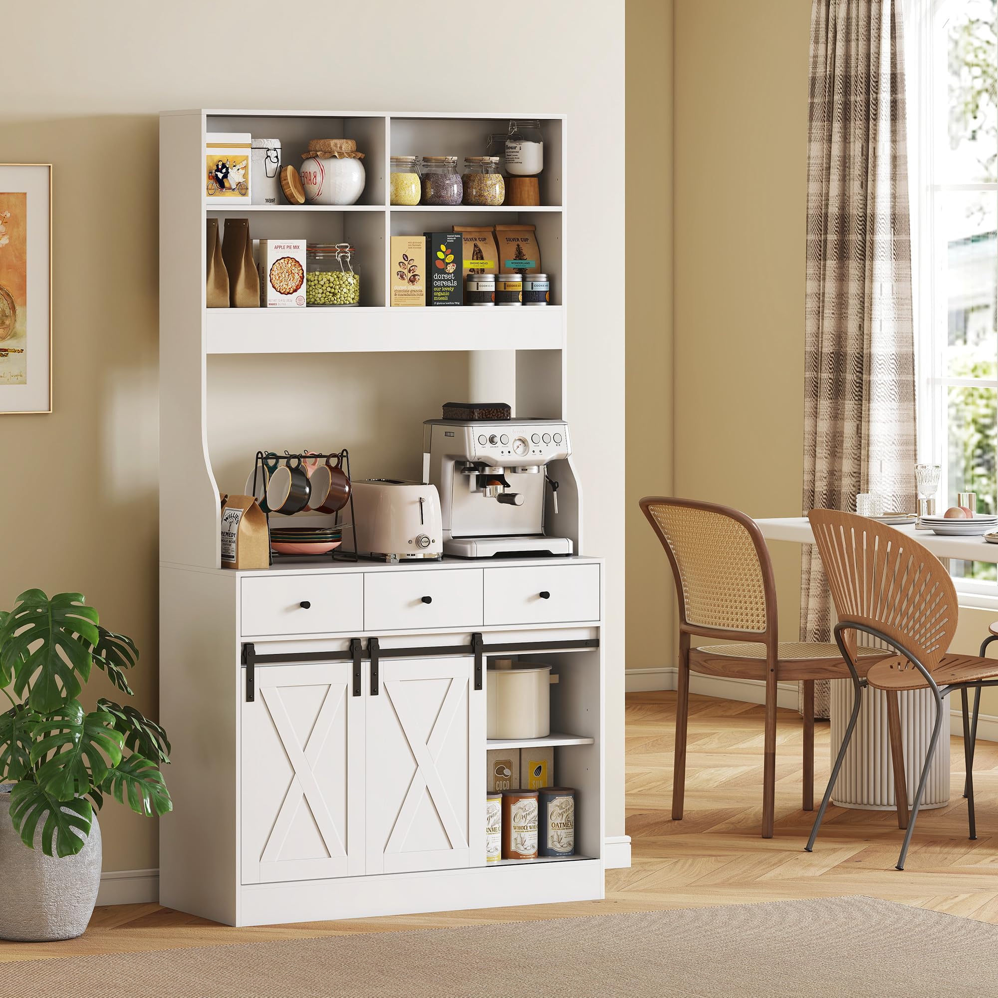HOMCOM Alacena de Cocina Mueble Auxiliar con Encimera para Microondas, 2 Puertas Corredizas y 3 Cajones, Estantes Regulables, Estilo Granja, 93,5x40x180 cm Blanco