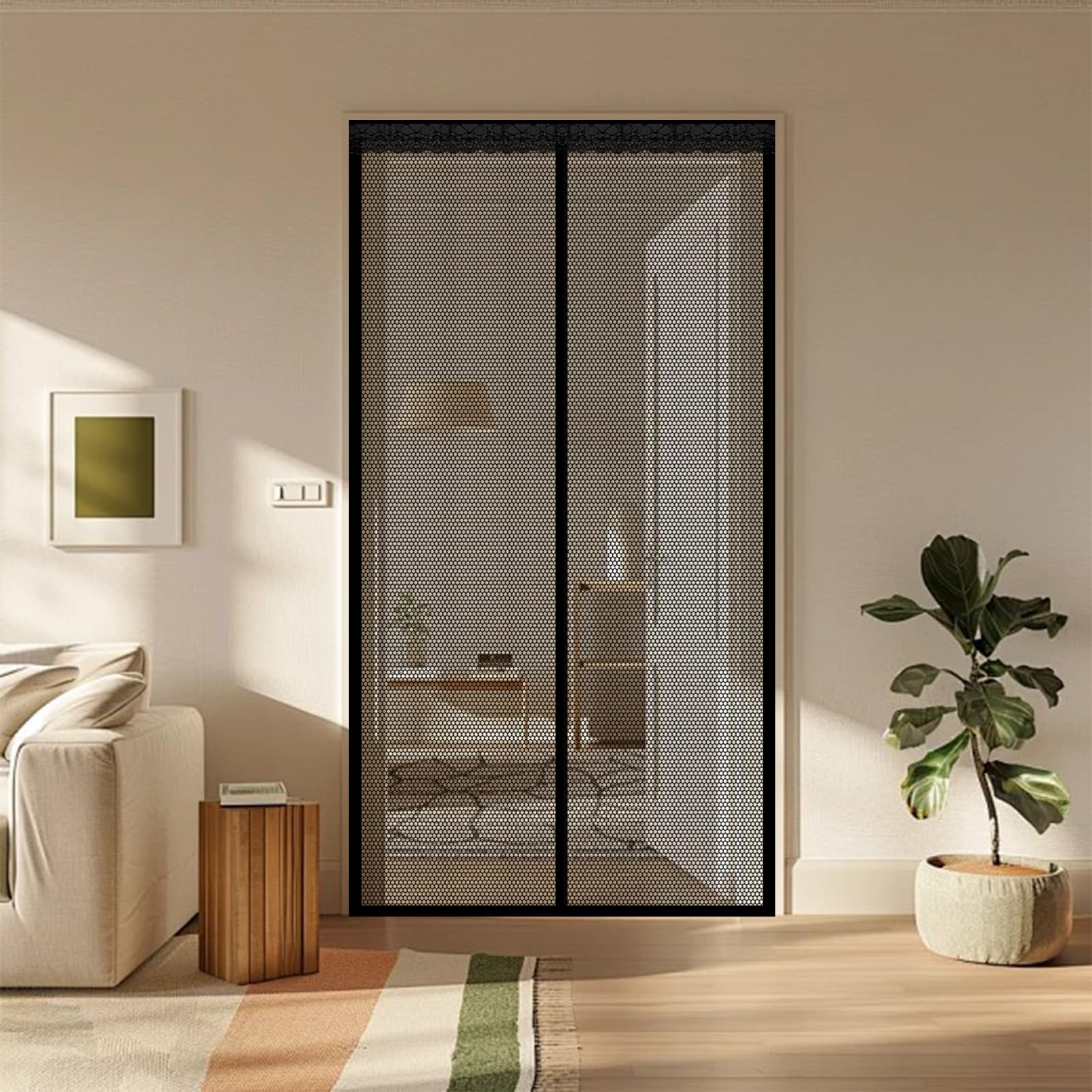 Screen Door 160 x 220 cm Self Sealing Powerful Magnets Flyscreen French Doors with Powerful Magnets & Full Frame Magic Tape Suitable for Patio Doors Balcony Bedroom, Black