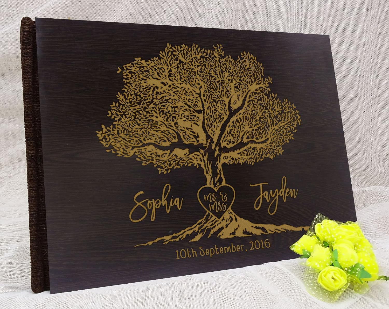 Handmade Tree Design Personalized Guest Book Rustic Wedding Wood Wooden Engraved Advice Book - 50 Page