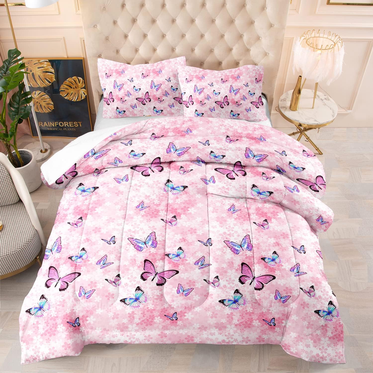 CCoutueChen Pink Butterfly Comforter Set Queen Size for