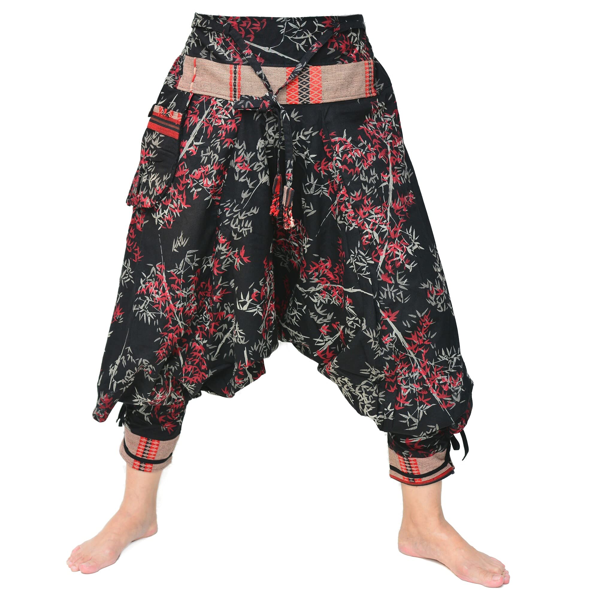 SiamroseJapanese Style Samurai Harem Pants Men Women Yoga Ninja Pants Handmade from Cotton, Black Red Bamboo, One size