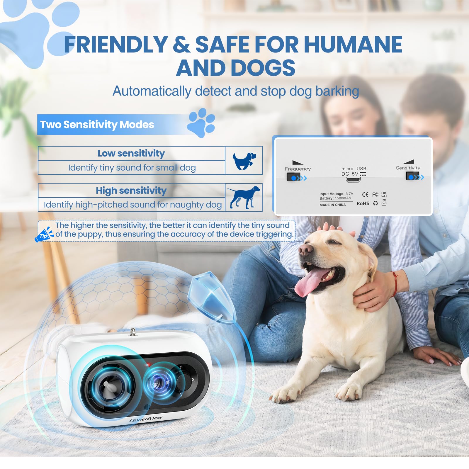 Ahuyentador de Perros, Antiladridos para Perros Ultrasónicos de hasta 50 Pies de Control de Largo Alcance, 3 Niveles Ajustables Anti Ladridos para Perros Interiores y Exteriores