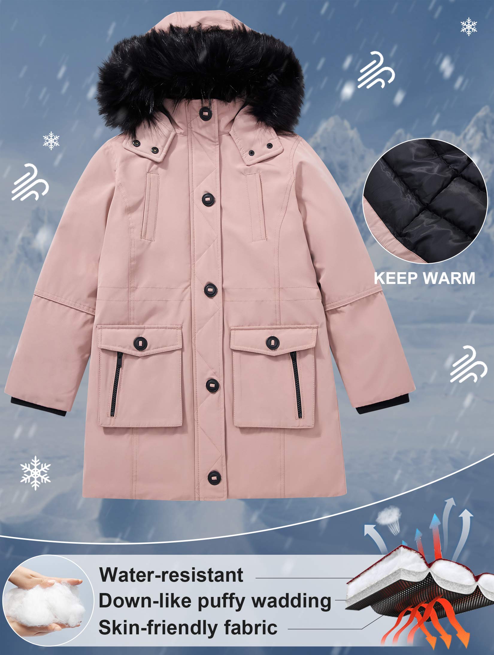 maoo garden Abrigo de Invierno para Niñas, Chaqueta de Esquí de Nieve Falsa de Peso Pesado, Capucha de Piel, Abrigo de Parka Impermeable