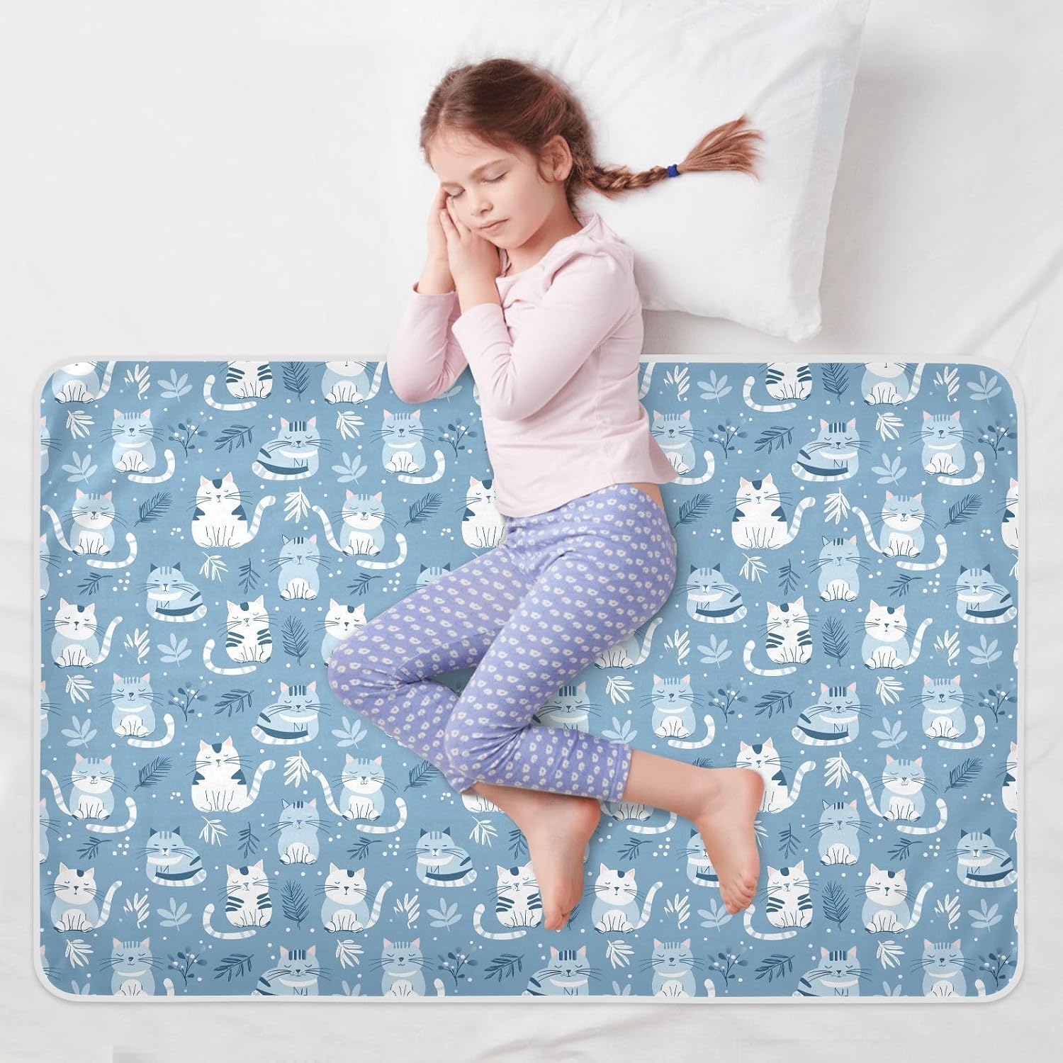 Baby Blue Playful Cat Extra Large Resuable Bed Underpads Water Resistant Underpads Wetting Cover Skin-Friendly Toddler Bedding Products for Toddler Kids , 52" L x 34" W