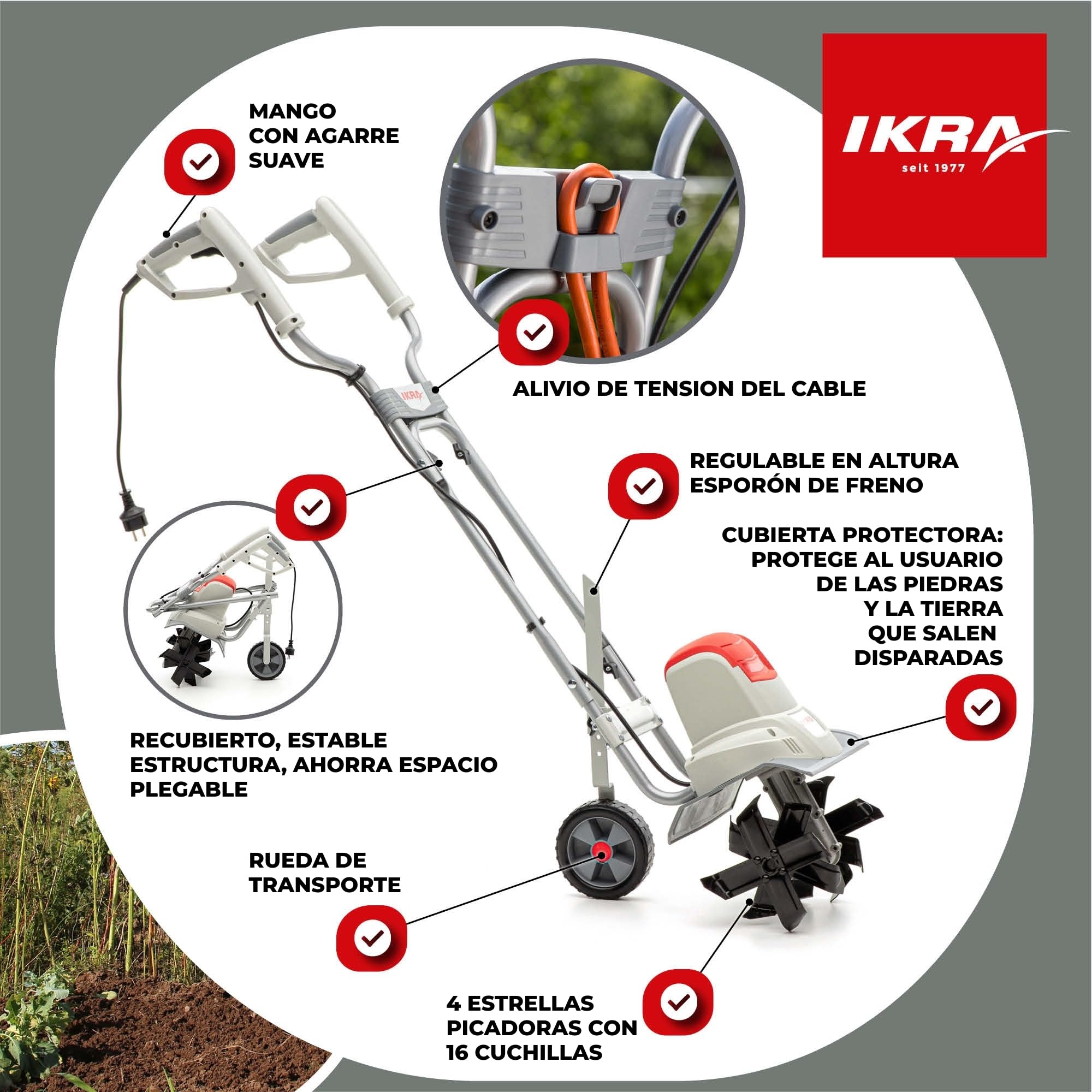 IKRA 70300420 motoazada eléctrica motocultor IEM 800 S, Ancho de Trabajo 30cm, Profundidad 20cm, Gris, Rojo y Negro