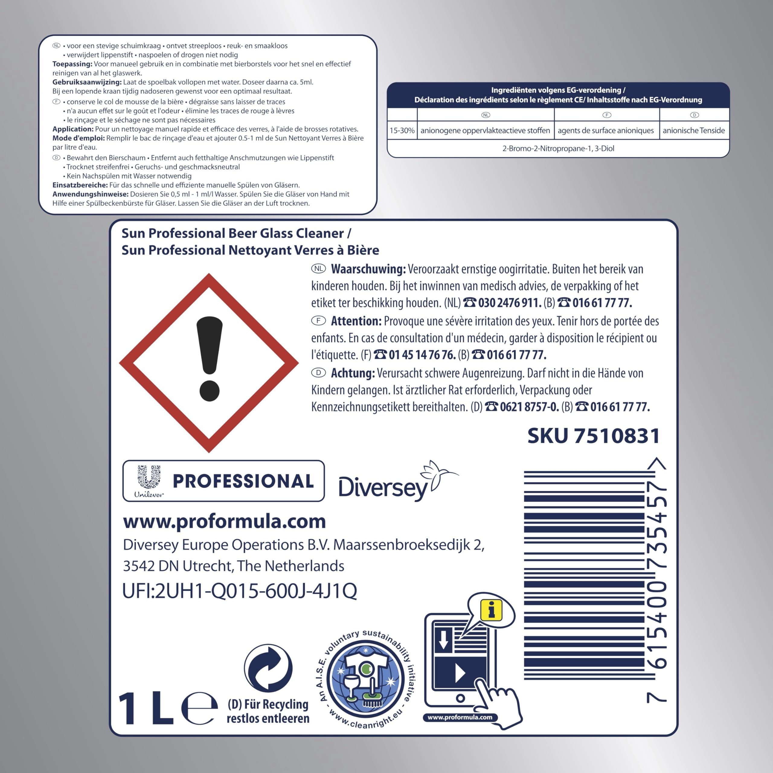 Sol profesional 7510831 cerveza mano lavavajillas detergente limpiador de vidrio para conservar la espuma, 1 L