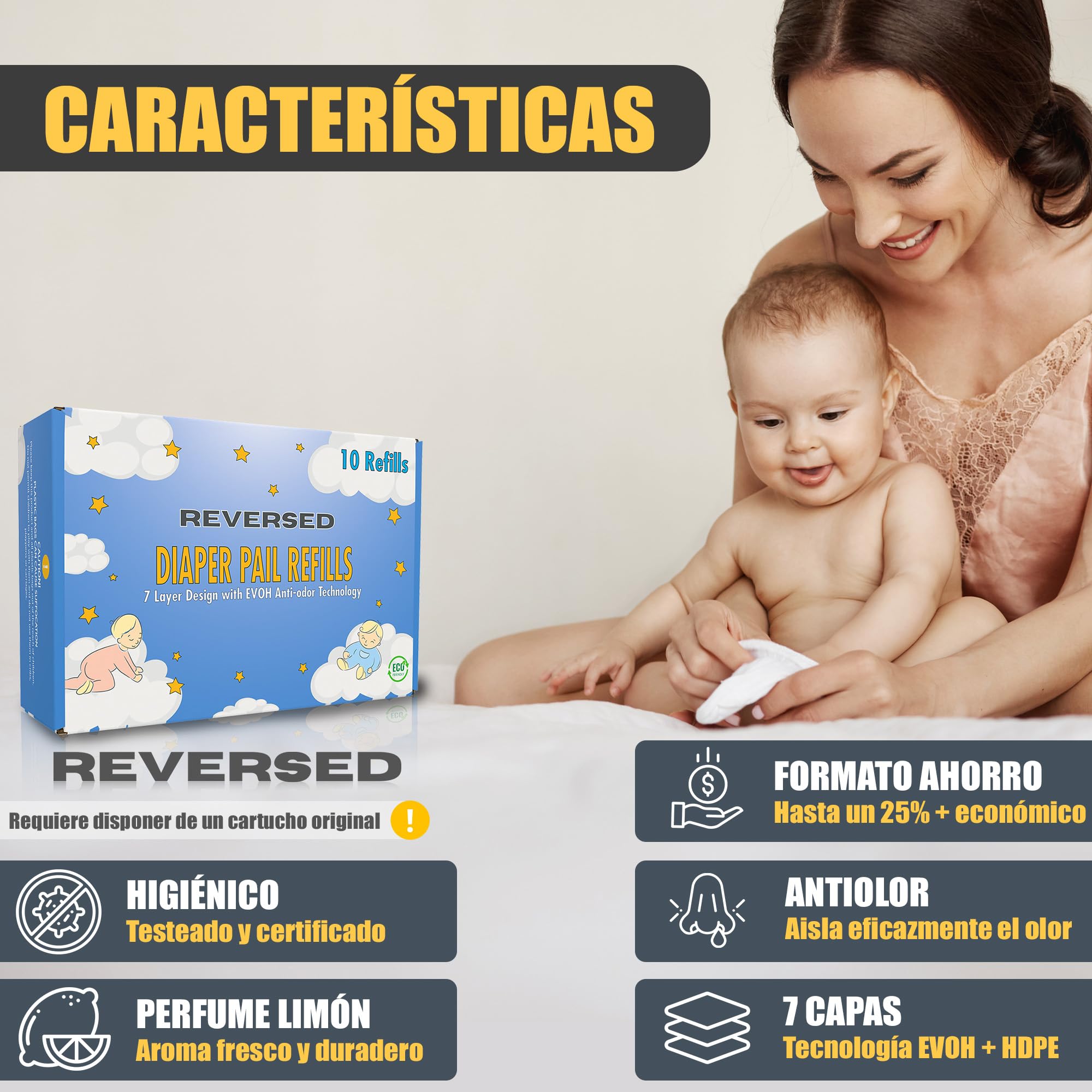 REVERSED® 10 Recambios para Papelera de Pañales, Tommee Tipee Recambios - EVOH 7 Capas HDPE - Perfume de Limón - Compatible Tommee Tippee Sangenic, Twist & Click y Angelcare