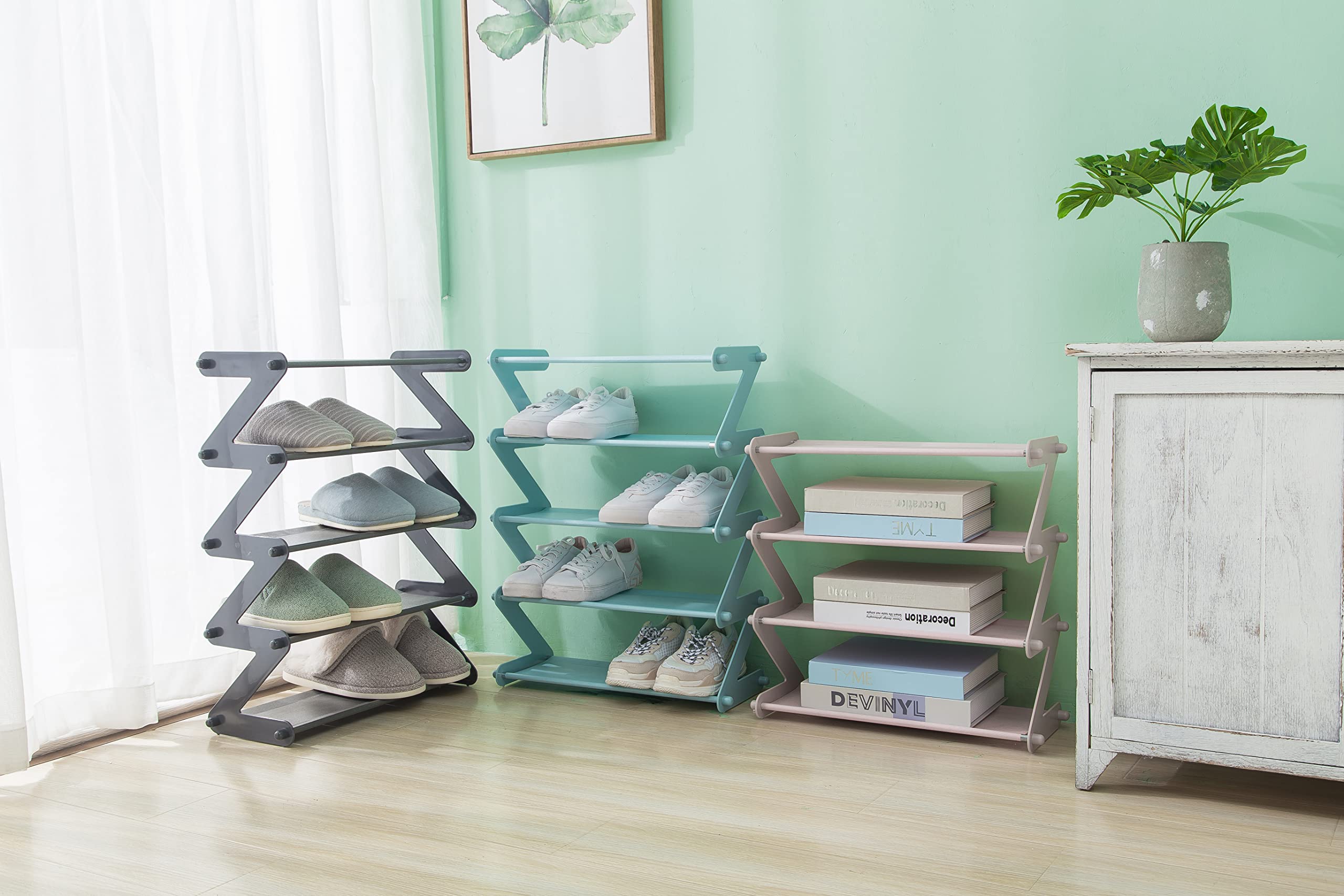 Zapatero de 4 Niveles Organizador Apilable para 8-10 Pares, Gabinete de Almacenamiento de Estante de Zapatos Expandible de Tela no Tejida para Espacio pequeño y Estrecho (Pink)