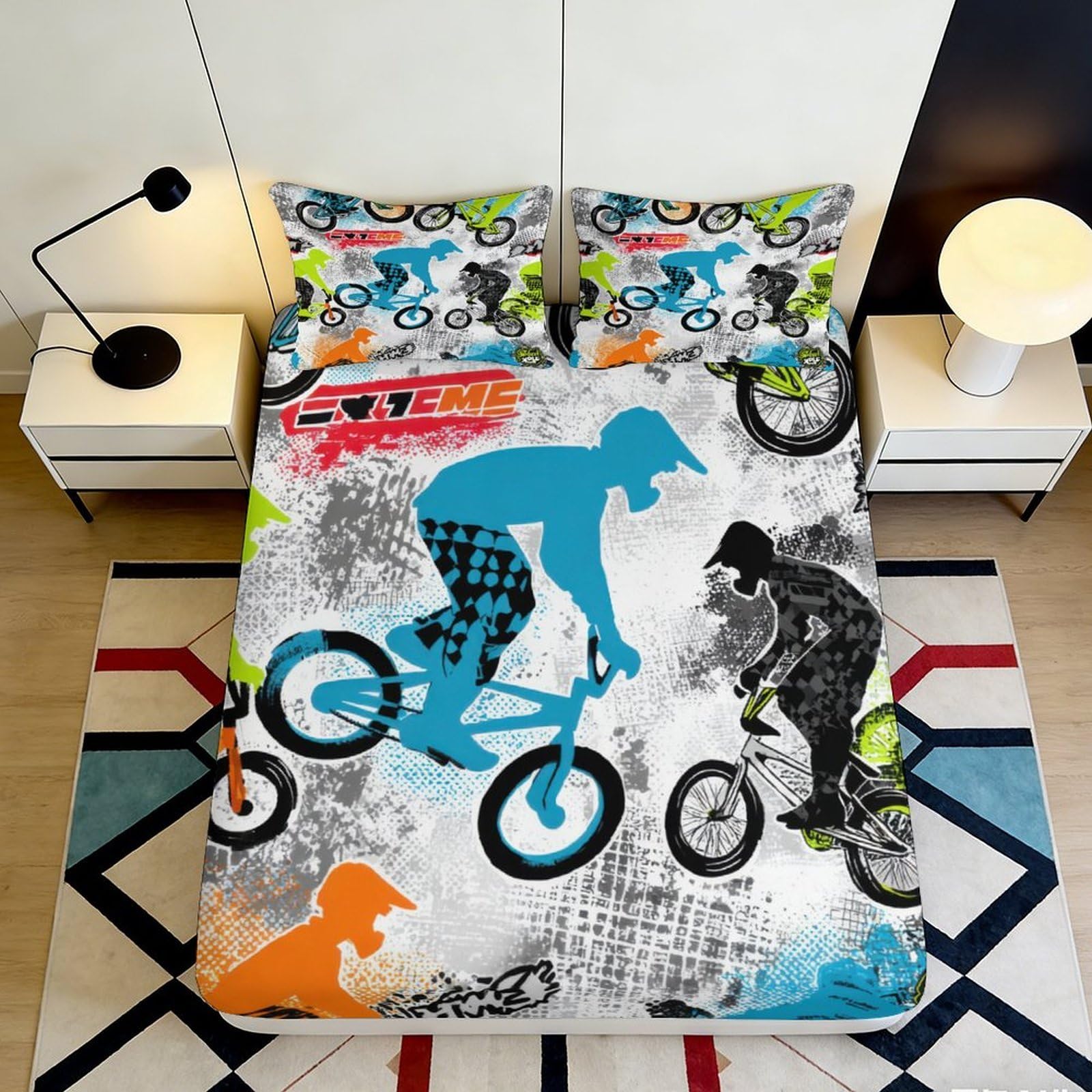 3D Printed BMX Bike Extreme Fitted Sheet Microfiber Vibrant Sports Mattress Cover for Bedroom Dorm Protective Decor 90x200x25cm