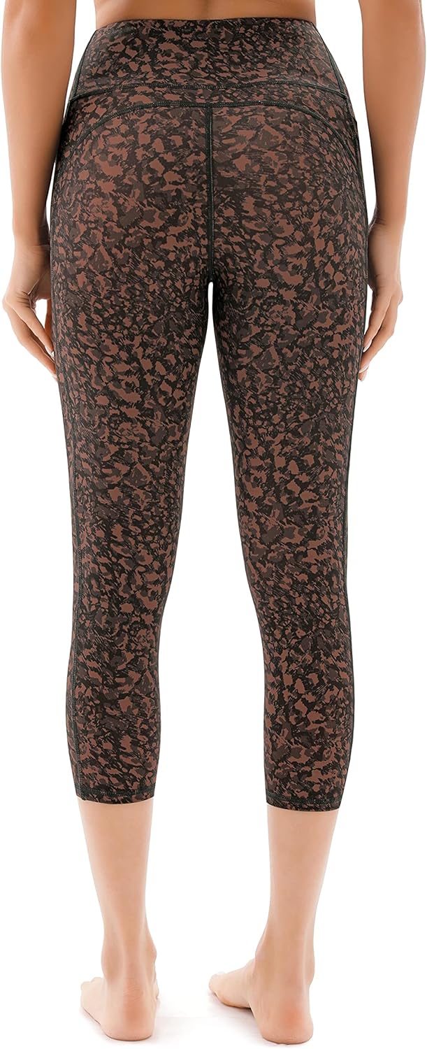 PERSIT Yoga Pants for Women Capri Leggings with Pockets High Waisted Tummy Control Leggings Workout Athletic Running Gym Exercise Pants Brown Multi M