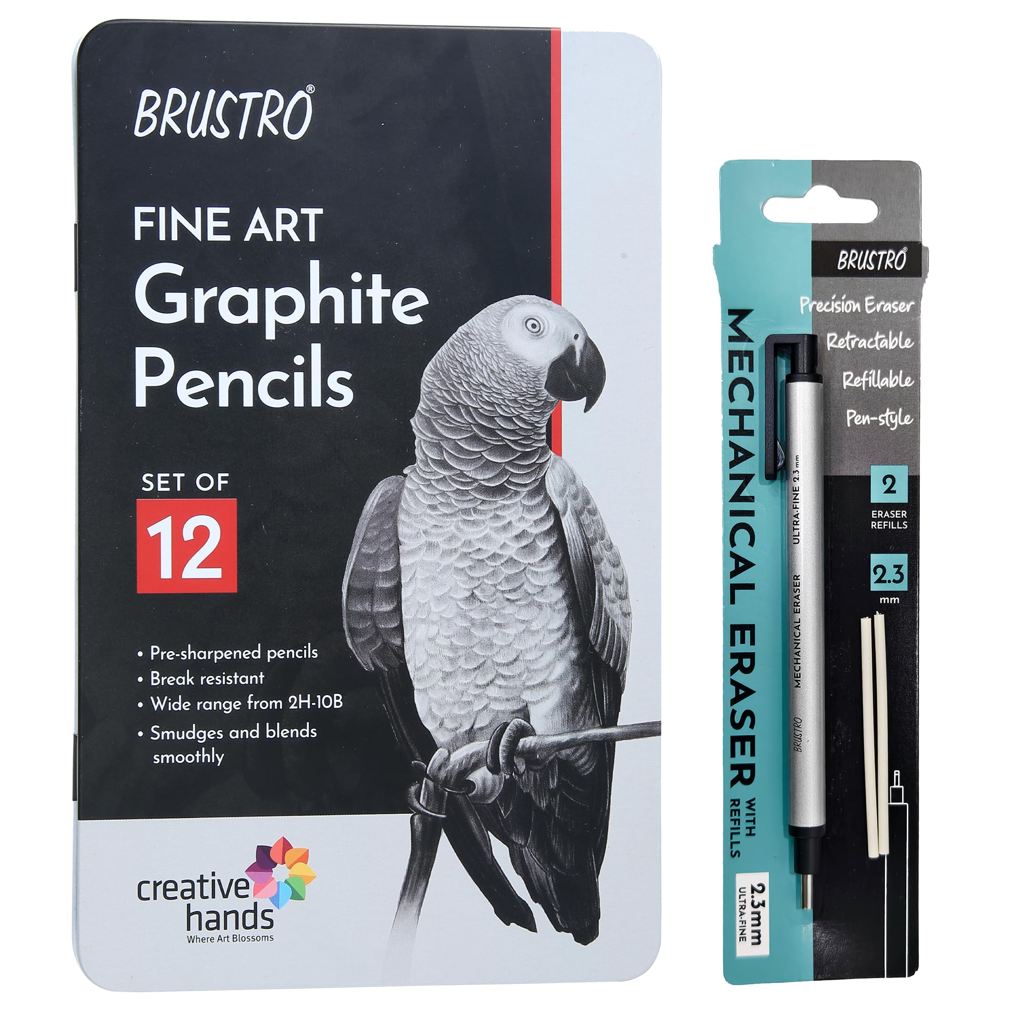 BRUSTRO Fine Art Graphite Pencil - Set of 12 (10B - 2H) with Mechanical Precision Retractable Eraser(2.3mm) | Ideal for Drawing,Sketching,Mandala,Shading,Artwork, Beginners, Artists and Professionals