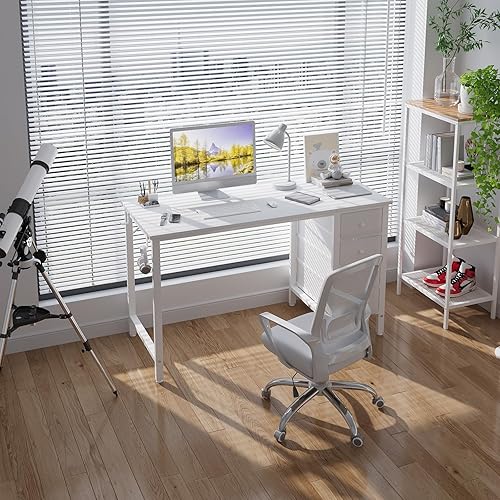 Miniatura 2 de Lufeiya Escritorio blanco para computadora con cajones, escritorio de trabajo de estudio de 47 pulgadas para oficina en casa, dormitorio,