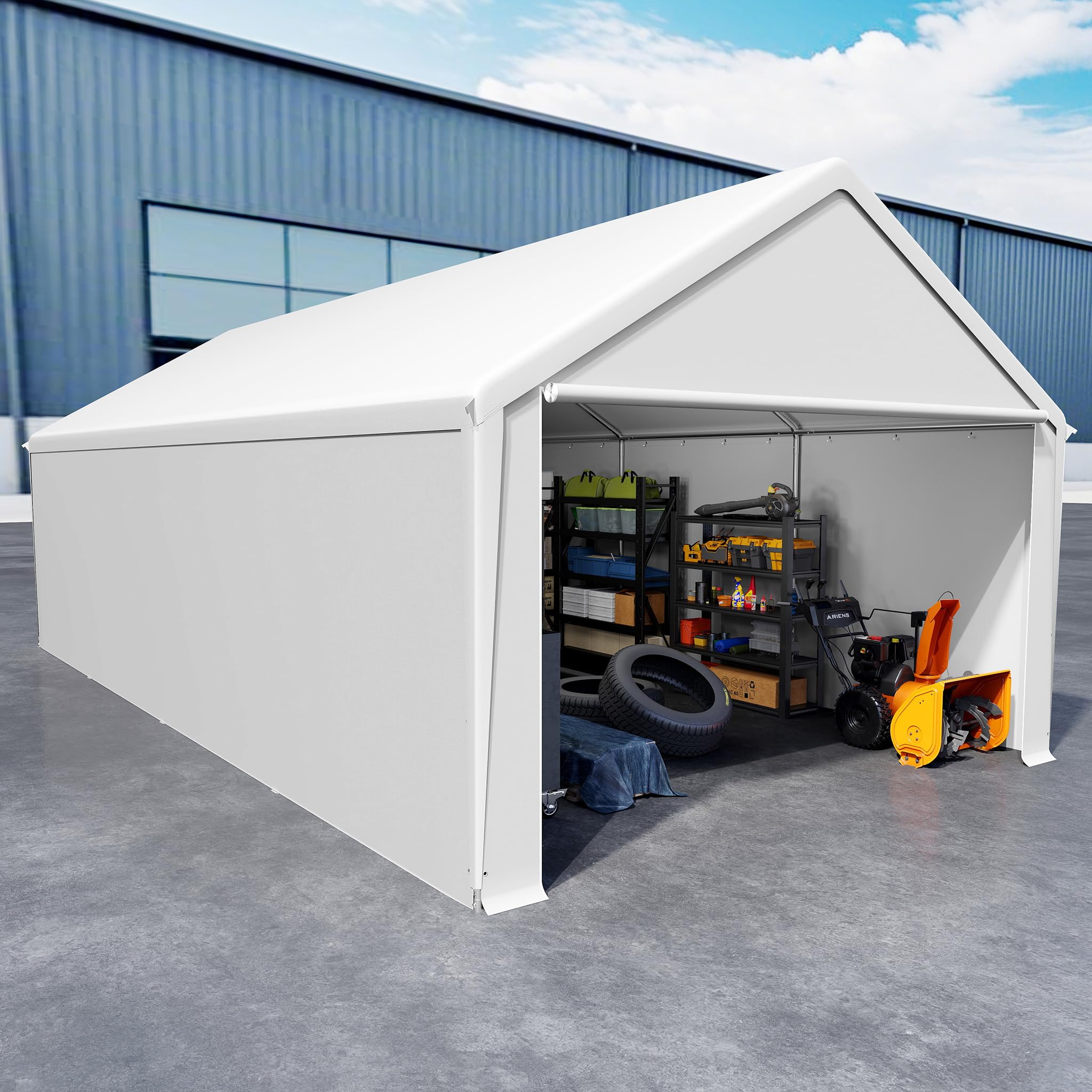 VA-Cerulean Carport Zeltgarage, Lagerzelt mit wetterfester PE Plane, Garagenzelt mit verzinktem Stahlrahmen, mit Erdankern und Abspannseilen, Unterstand für Auto, Geräte und Gartenbedarf