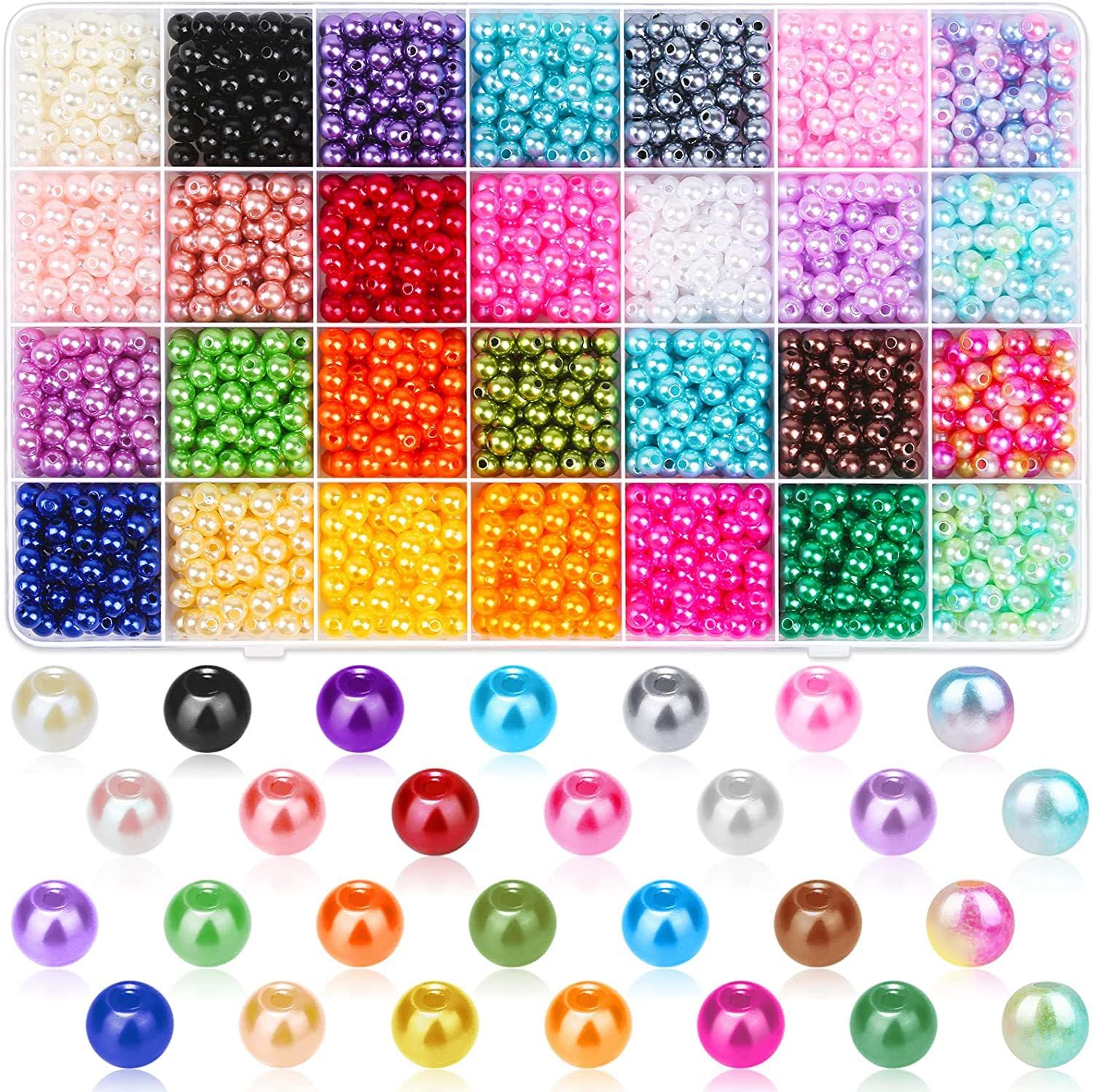 Jodoniz 1960Pcs 6mm Round ABS Plastic Pearl Beads for Crafts, 28 Colors Multicolor Loose Pearls with Holes for Jewelry Making