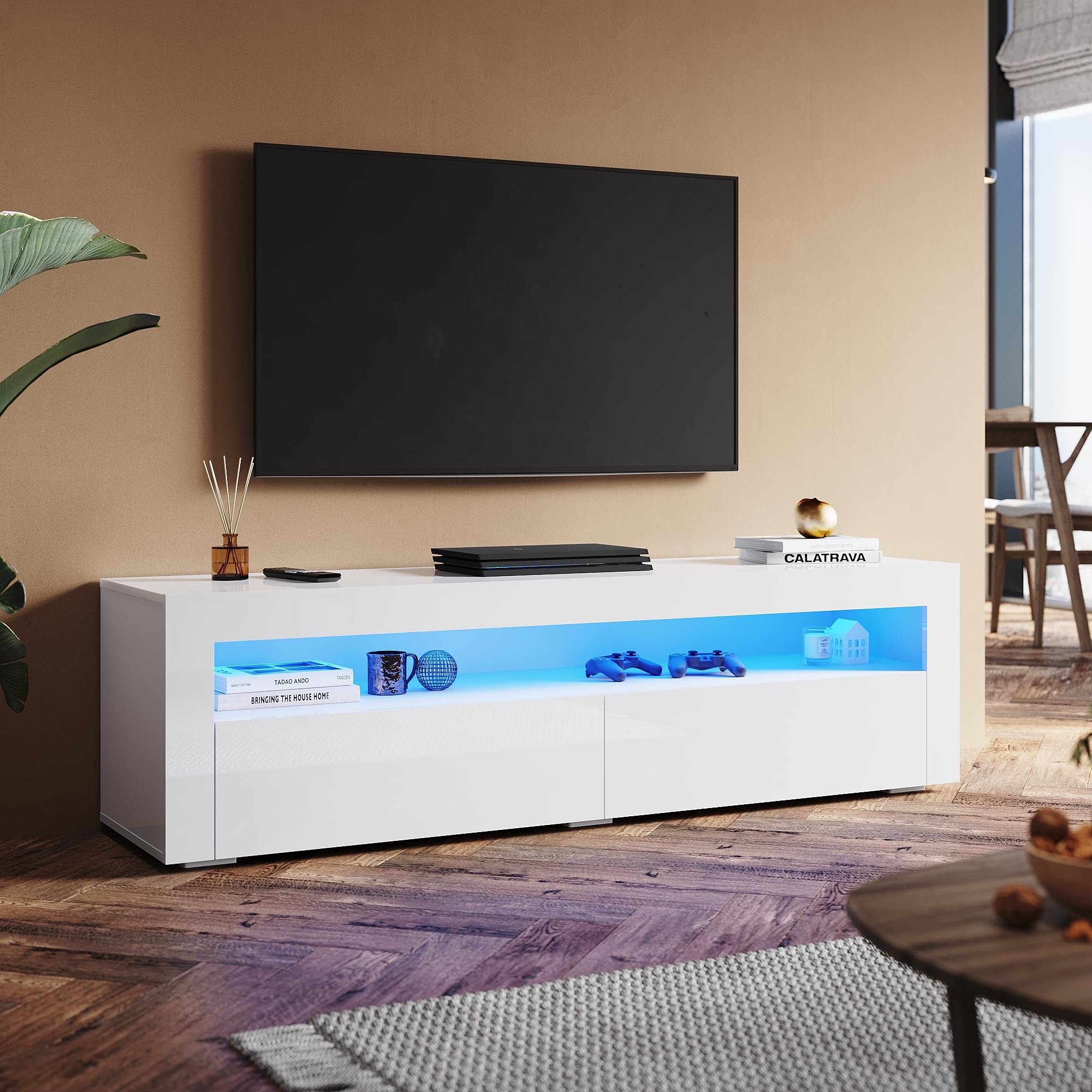 Mobile TV bianco lucido, 160 cm, con illuminazione a LED, 160 x 40 x 45 cm (larghezza x profondità x altezza), per soggiorno, moderno, mobile in legno