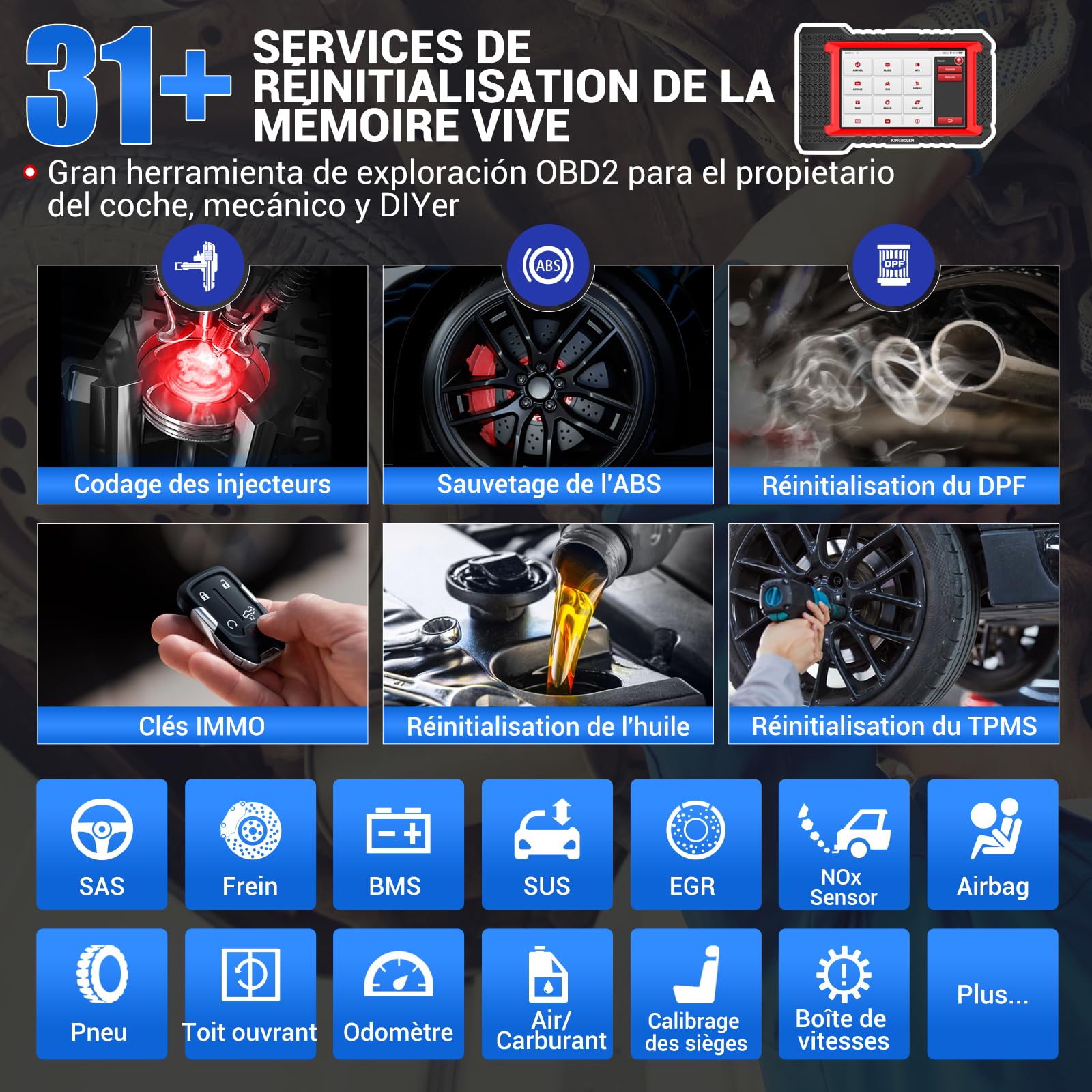 KINGBOLEN K7 Valise de Diagnostic Auto OBD II en français avec mises à Jour gratuites à Vie, 31 Services, bidirectionnels, Codage ECU- Outil incontournable pour Les mécaniciens et Amateurs Voitures