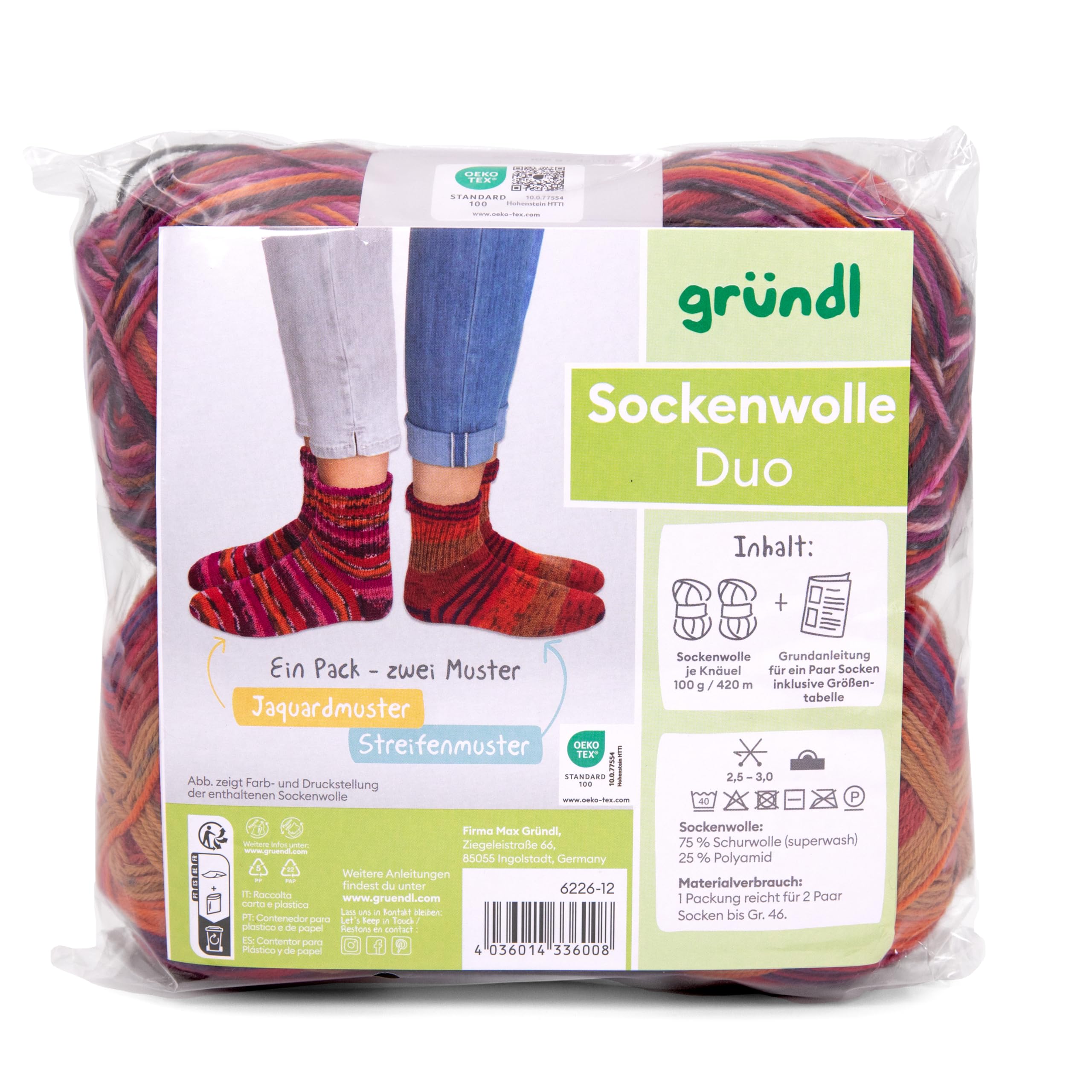 Gründl Wool Sock Wool Duo - Knitting Yarn for 2 Pairs of Socks - Durable and Skin-Friendly - 75% Virgin Wool, 25% Polyamide - 2 Balls 100 g / 420 m - Needle Size 2.5-3 - Fuchsia Pumpkin Blue