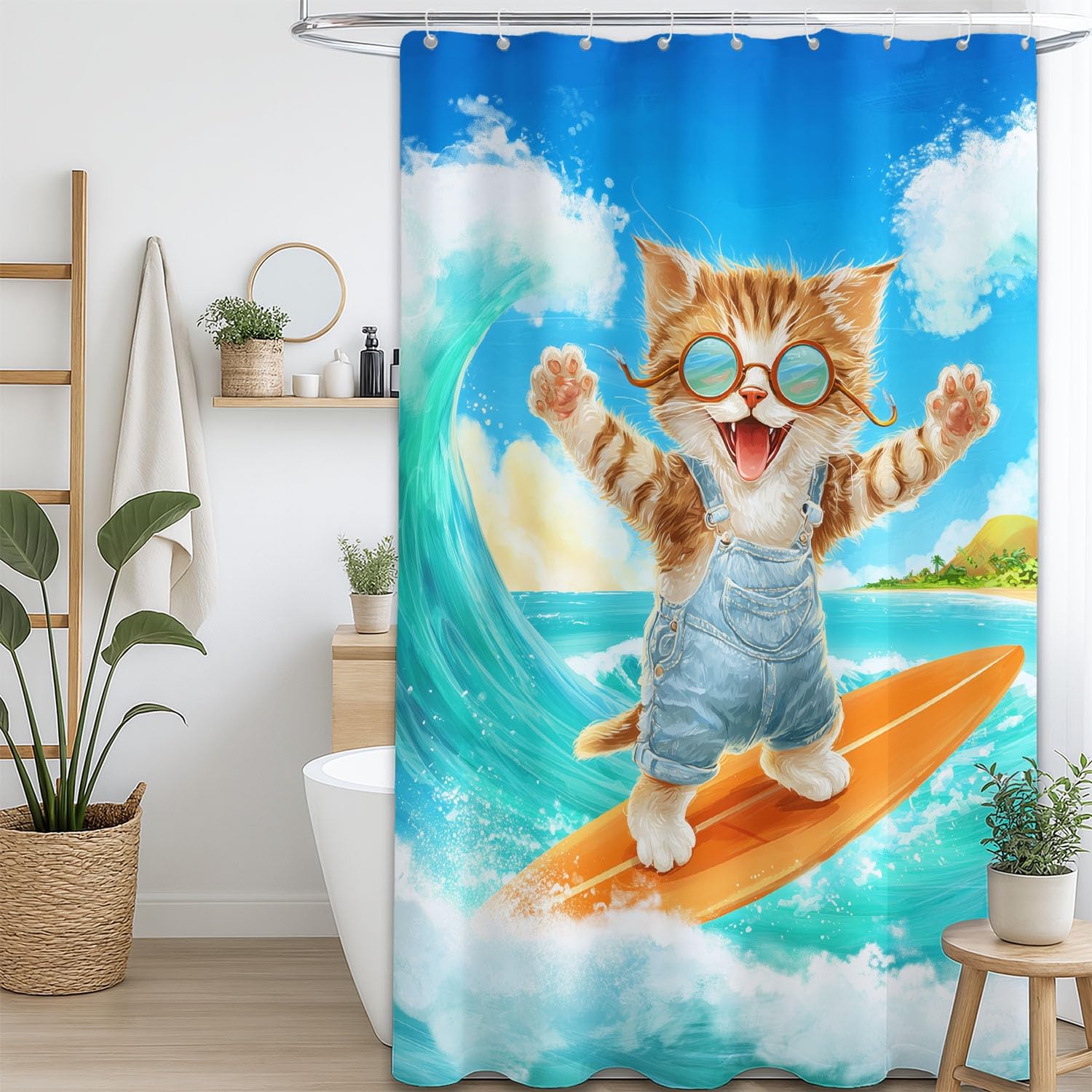 Cortina de ducha de dibujos animados para animales, cortina de ducha, 180 x 200 cm, antimoho, tela lavable divertida, borde de mar, surf, gato, tigre, cortinas, baño con ganchos, azul