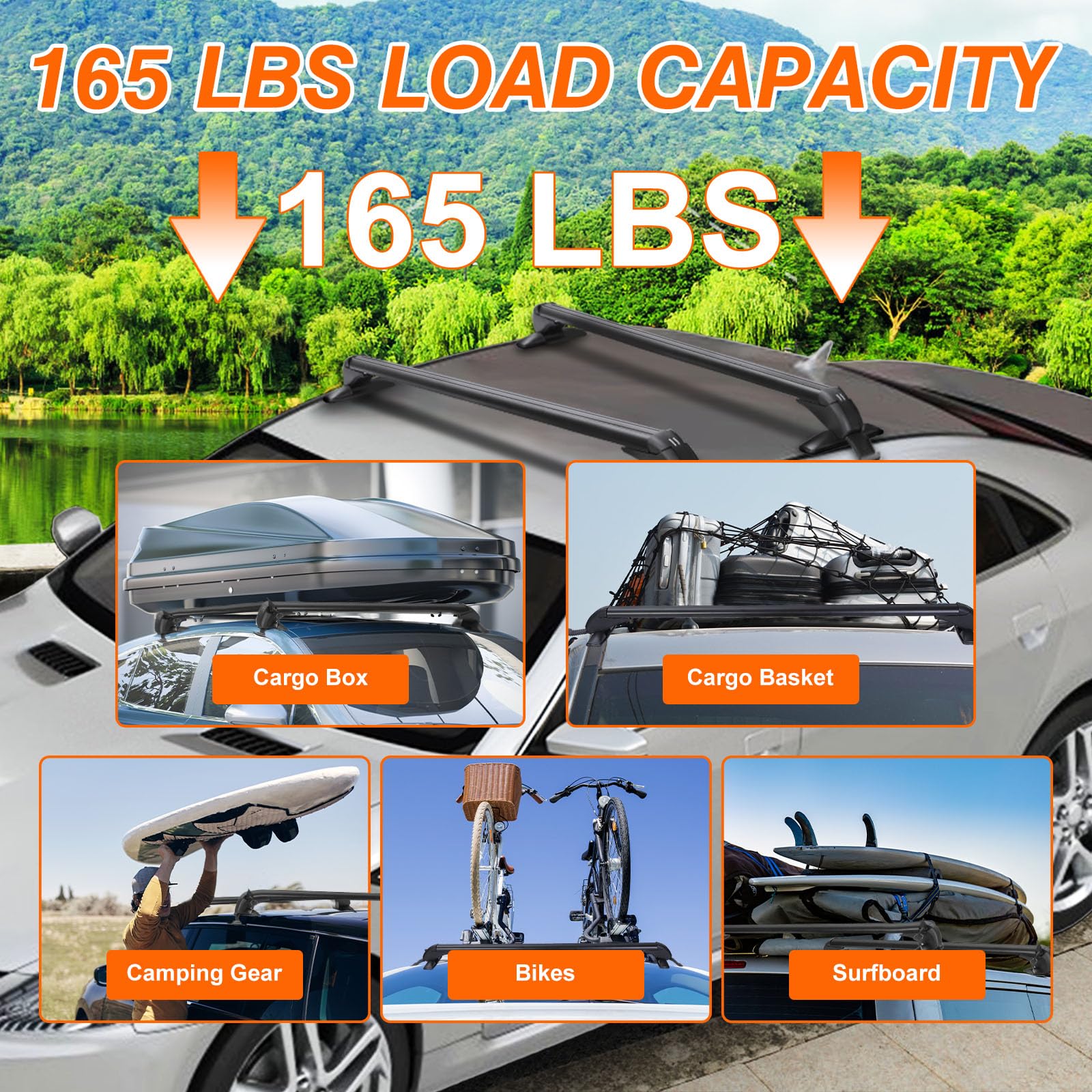 Universal Car Roof Rack Cross Bars w/Anti-Theft Lock,Heavy-Duty Aluminum Alloy Roof Rail w/165LBS Capacity for Bike, Kayak,Cargo, Luggage Fits Vehicles with Rain Gutter Spacing 42.91in-44.88in (2PCS)