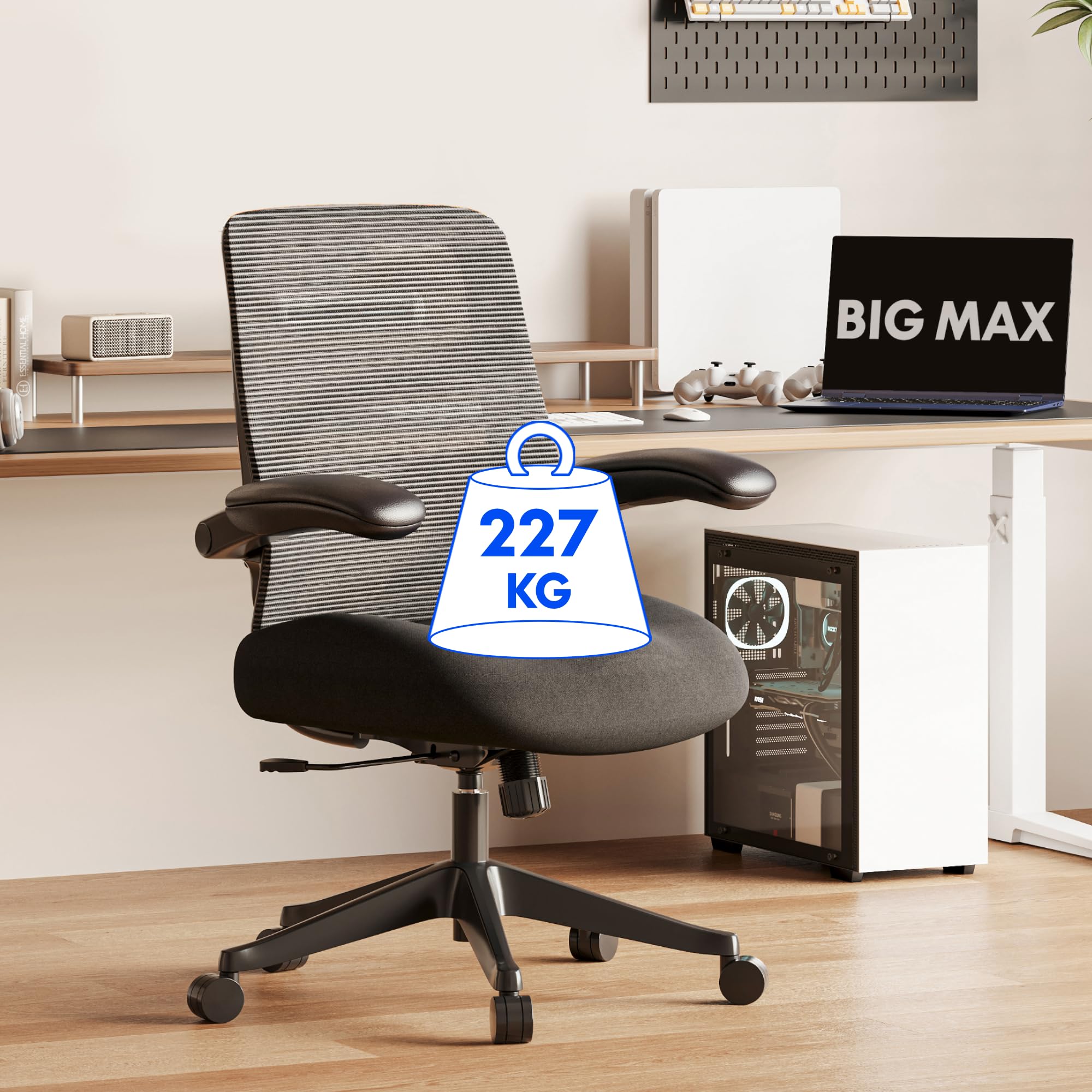 BIG MAX Ergonomic Office Chair 227KG for Heavy People, Wide Heavy Duty Chair Desk Chair with 90° Flip-up Armrest Lumbar Support, Height Adjustable Plus Size for Home and Office - Dark Black