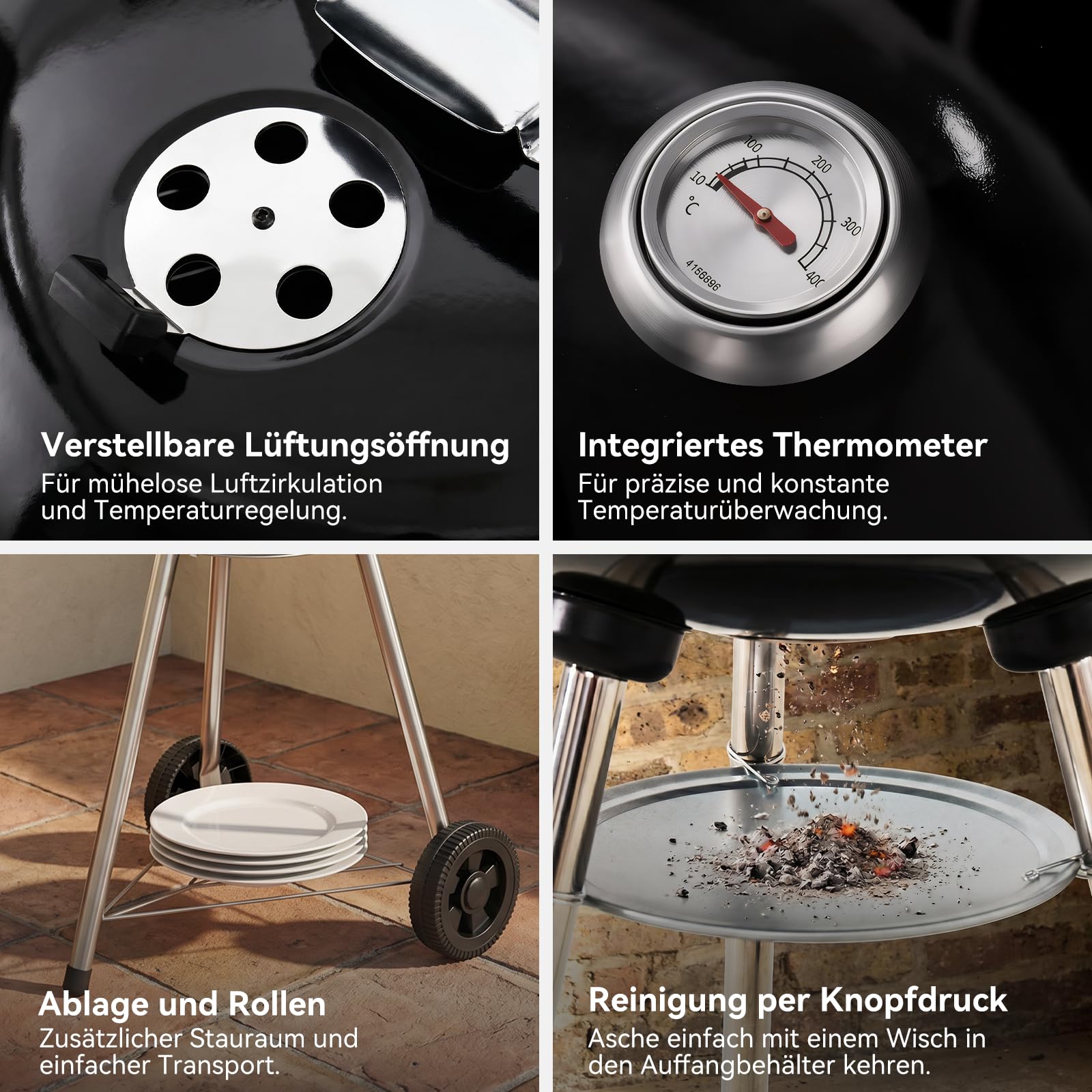 Aoxun Holzkohlegrill, 47 cm Kugelgrill mit Thermometer und regulierbarer Luftzufuhr, kratzfeste, emaillierte Grillschale, Ascheauffangbehälter, Rollen und Ablage, für Garten, und Outdoor, schwarz