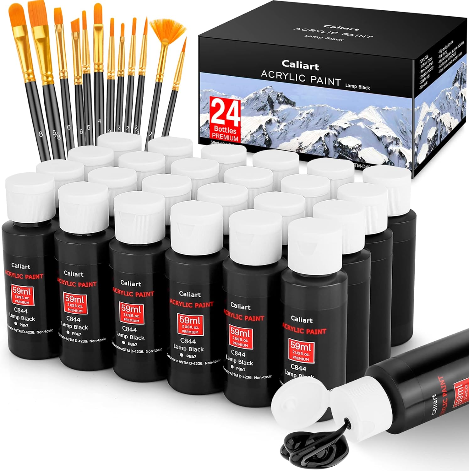 Caliart Black Acrylic Paint With 12 Brushes, 24 Balck