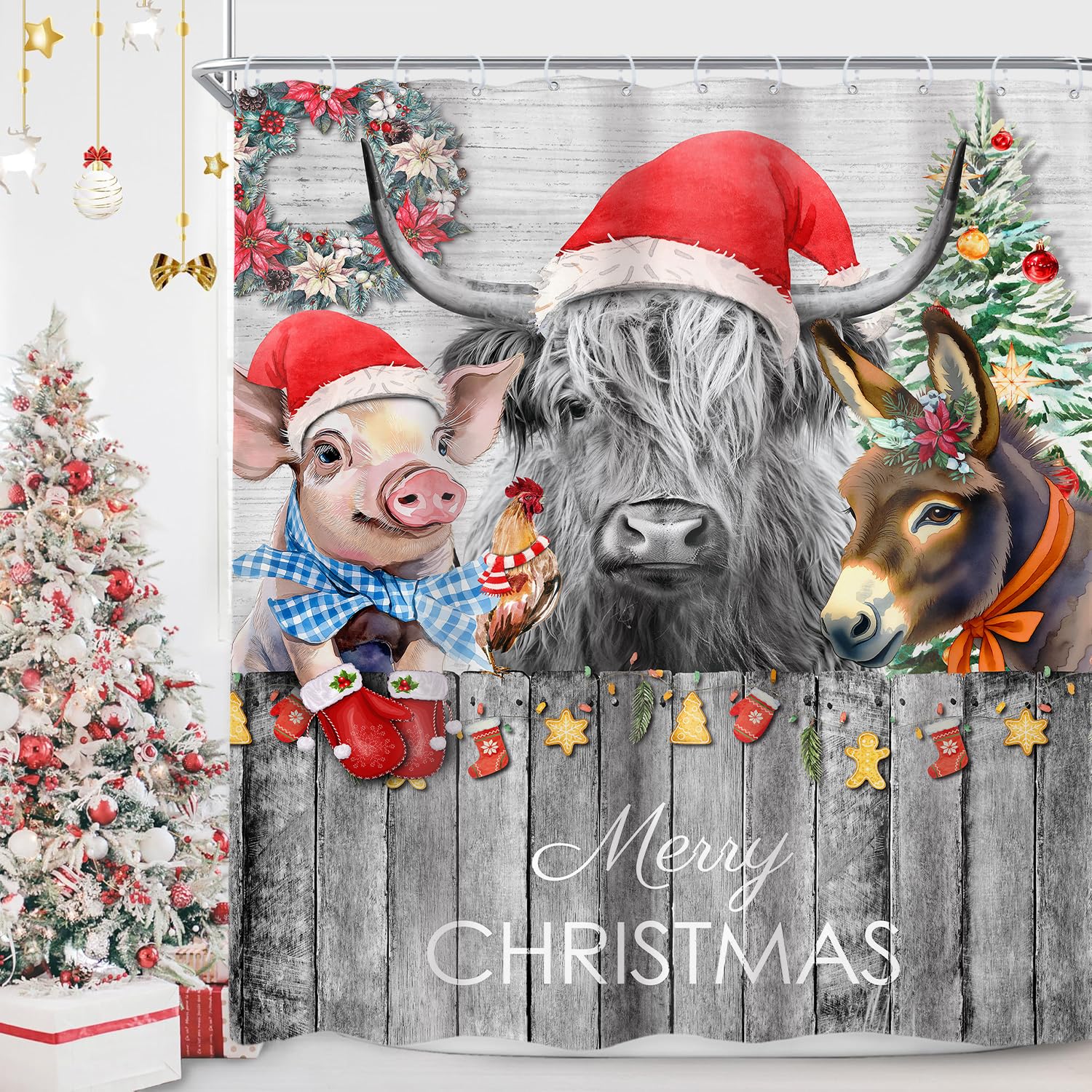 Newsely merry christmas farmhouse highland cow bathroom shower curtain set — image 1
