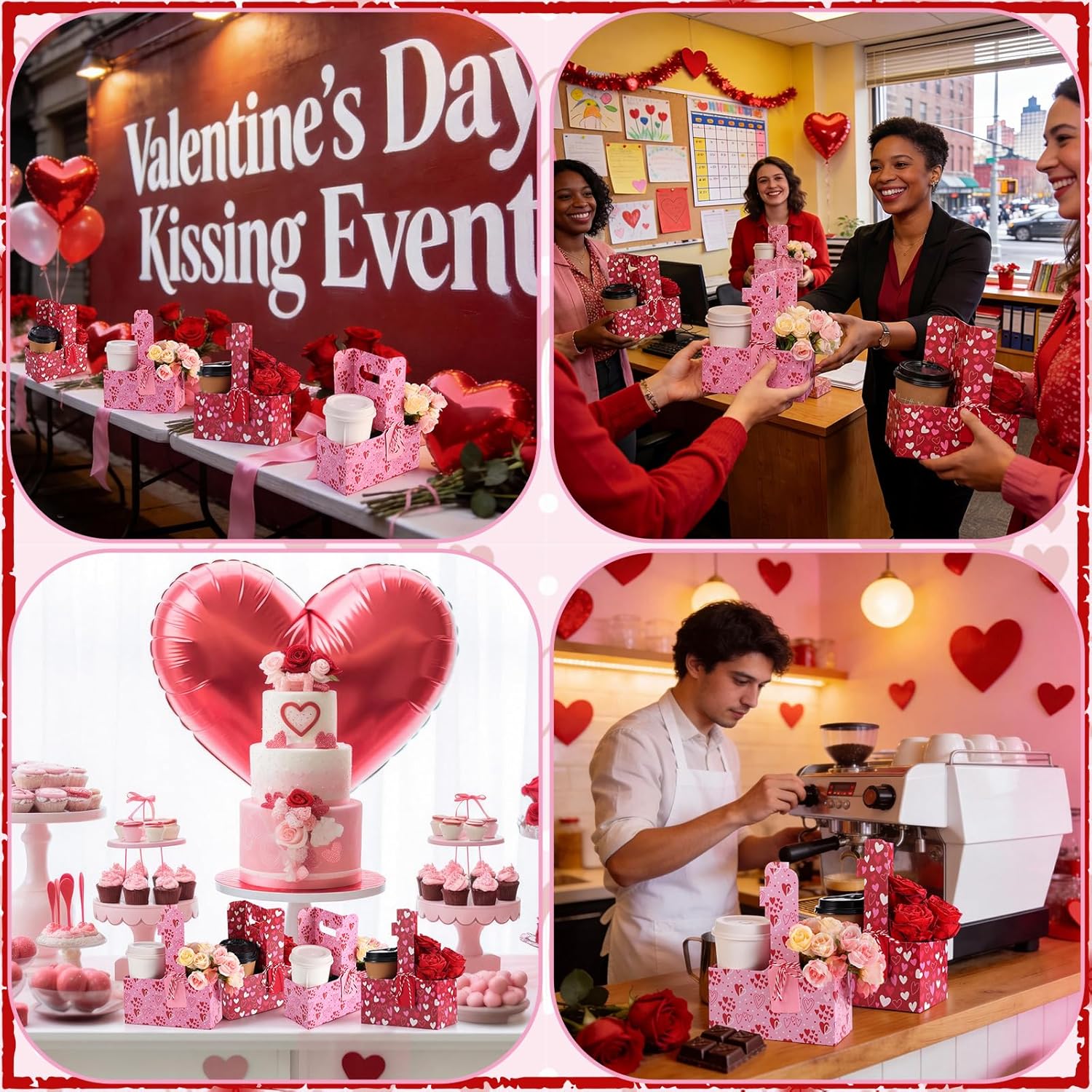 24 Set Valentine's Day 2 Cup Drink Carrier with Handle - Red Pink Heart Coffee Cup Holders Floral Gift Bags with Card and Rope for Valentine's Party Gift - Image 5