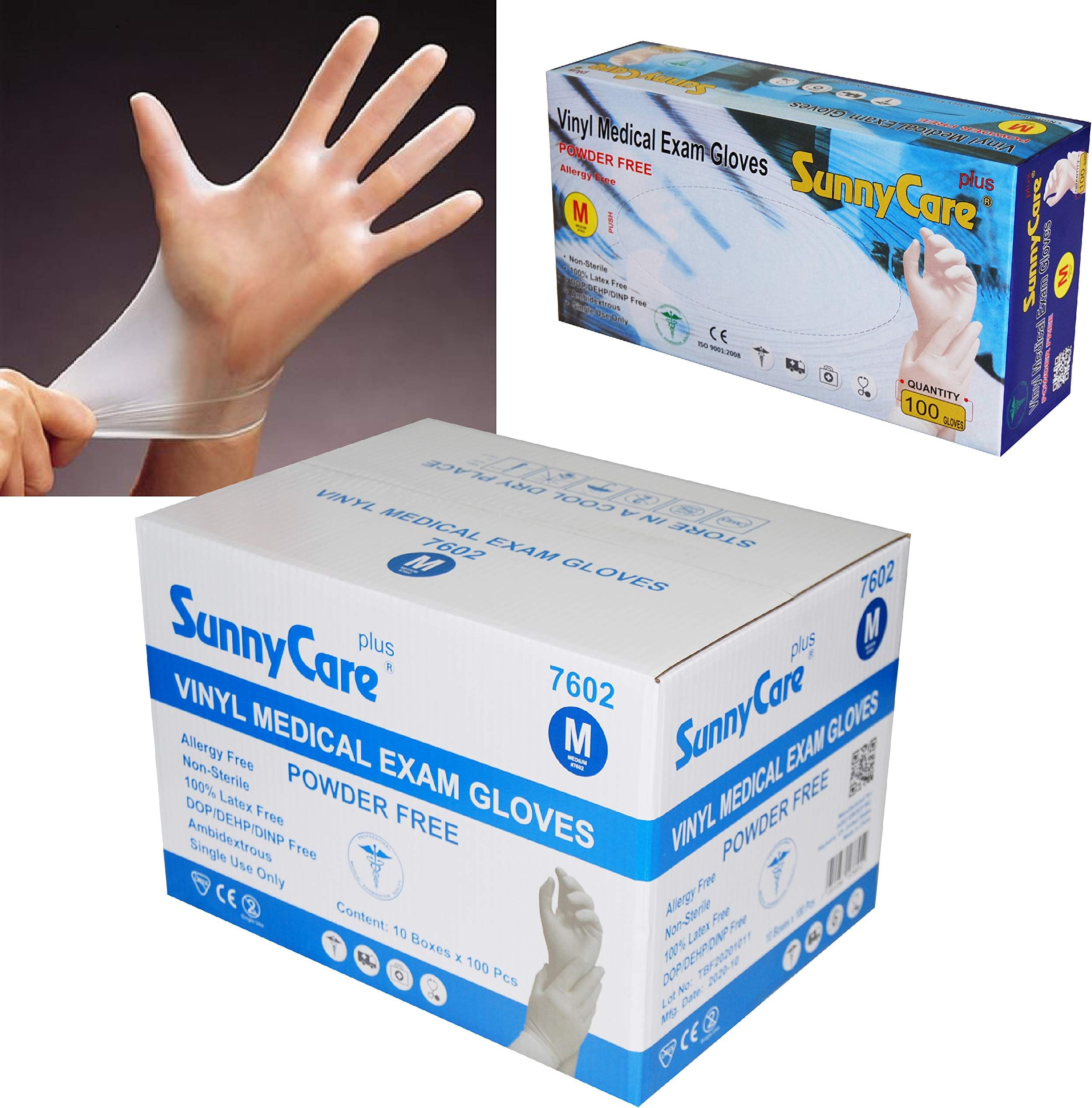 SunnyCare#7602 Vinyl Medical Exam Gloves Powder Free Size: Medium 1000pcs/case ;100pcs/box;10boxes/case