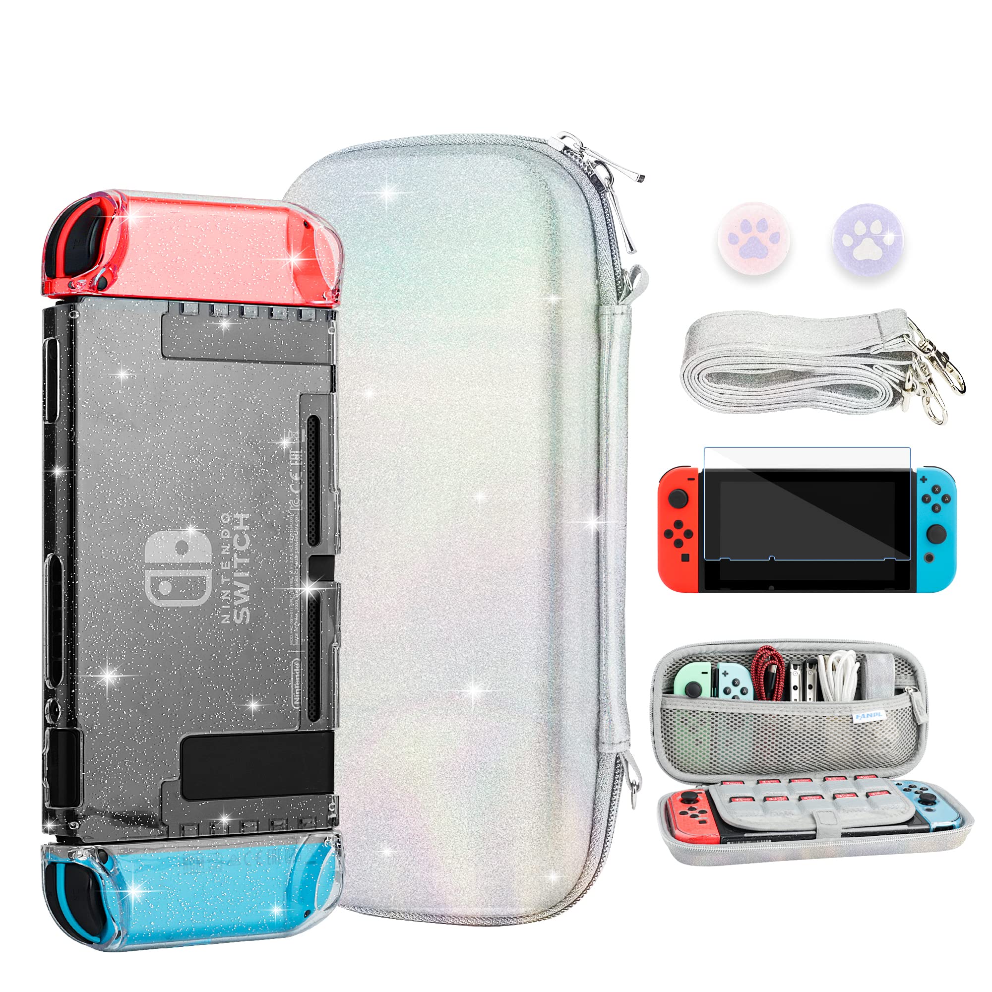 FANPL Funda con Purpurina para Accesorios de Nintendo Switch, Funda de Transporte Rainbow Sparkle para Switch y Joy con con Protector de Pantalla, 2 agarres para el Pulgar, Correa para el Hombro