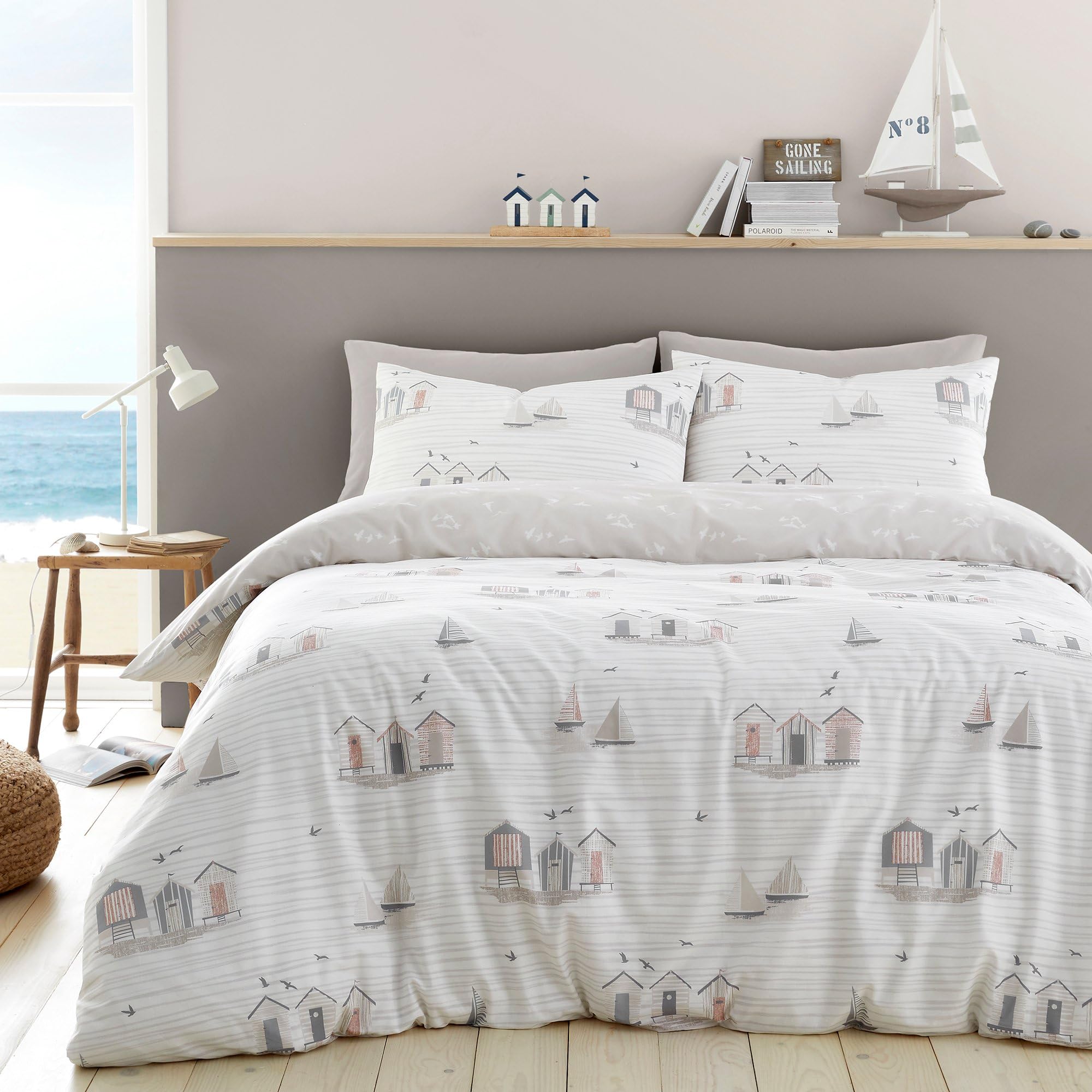 Fusion - Nautical Natural Duvet Cover - Single Bedding Size (140 x 200cm) - Reversible (2 Designs) - Seaside/Sailing Boats Duvet Cover - Natural & White Bedding with Coastal Theme - Beach Huts Bed Set