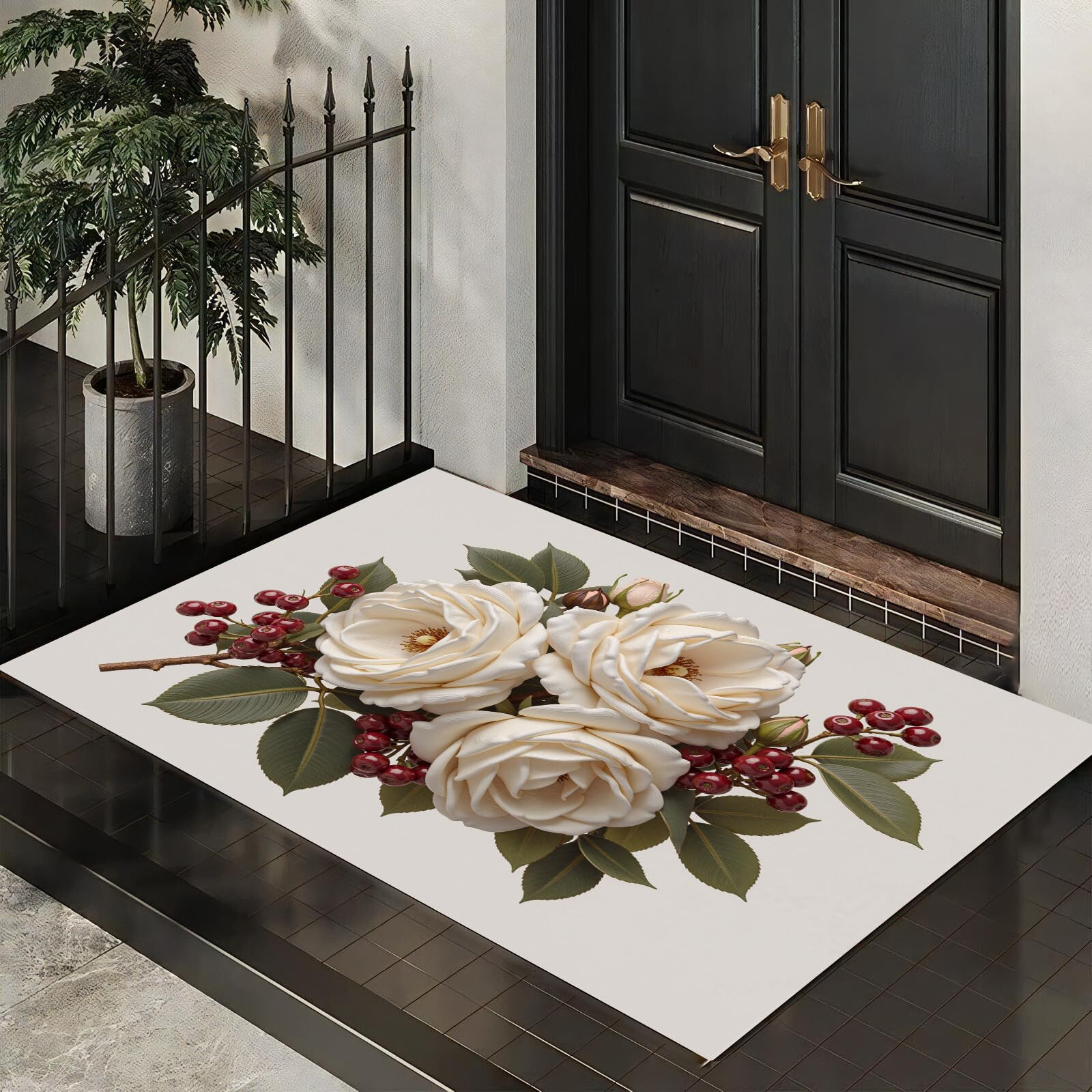 Paillasson roses illustrations réalistes tapis de sol blanc entrée maison 60x90