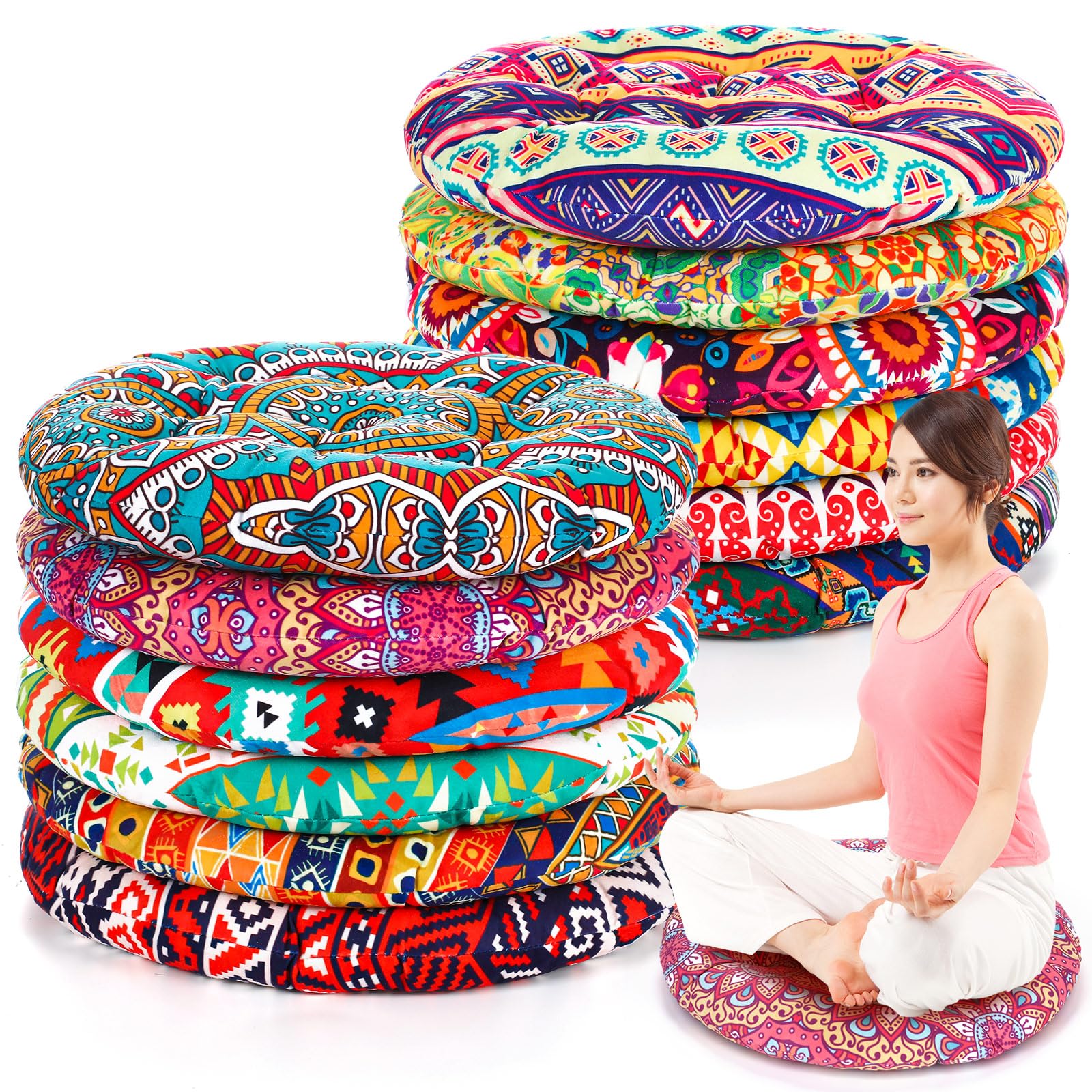 Nuogo 6 Pcs Bohemian Floor Cushions Bulk 15 Inch Boho Floor Sitting Meditation Pillows Yoga Mandala Meditation Pouf for Living Room Balcony Office Tatami(Round)
