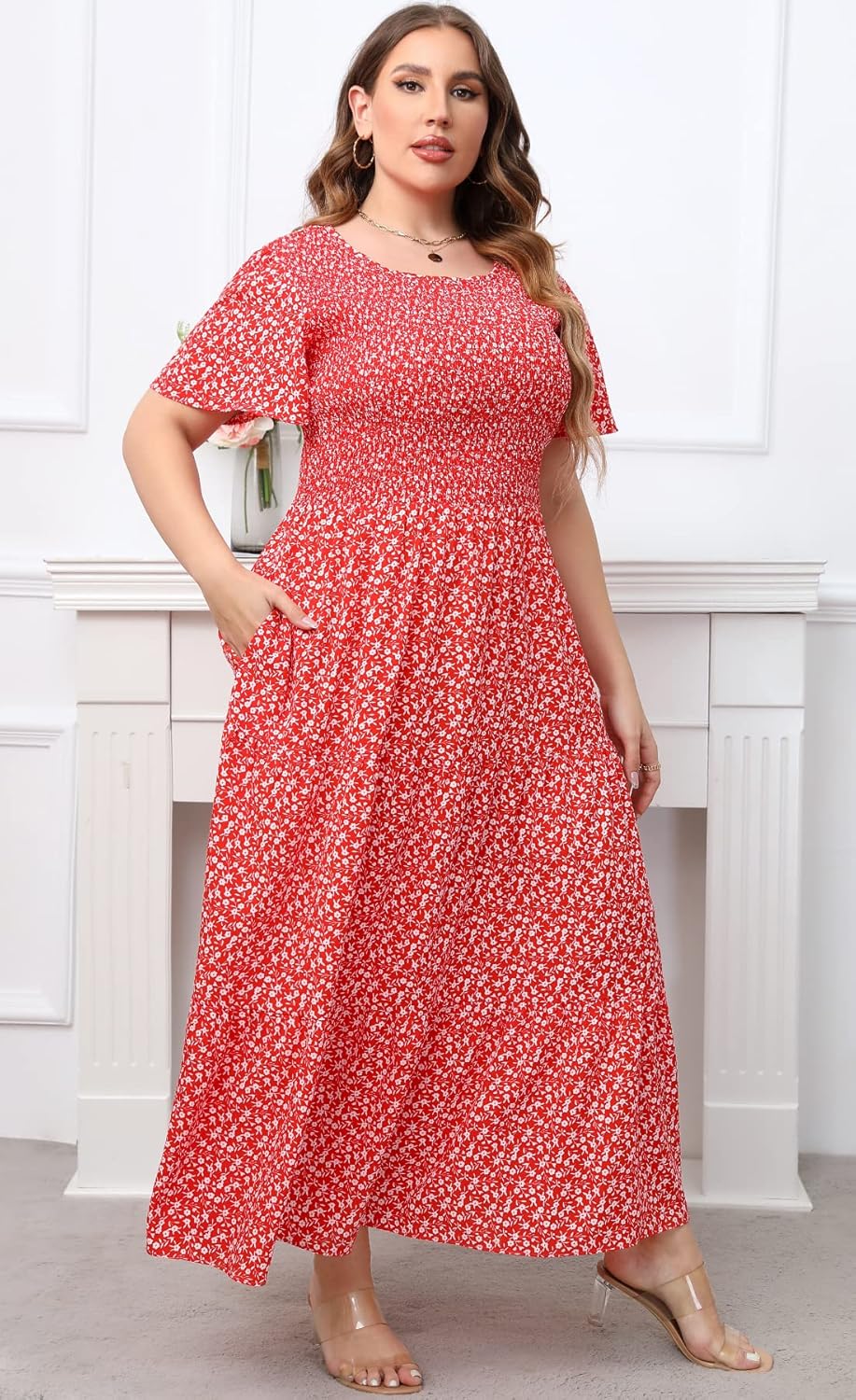 Womens Plus Size Long Maxi Dress with Pockets Floral Smocking Flutter Sleeves Tiered Layers Casual Dresses - Image 4