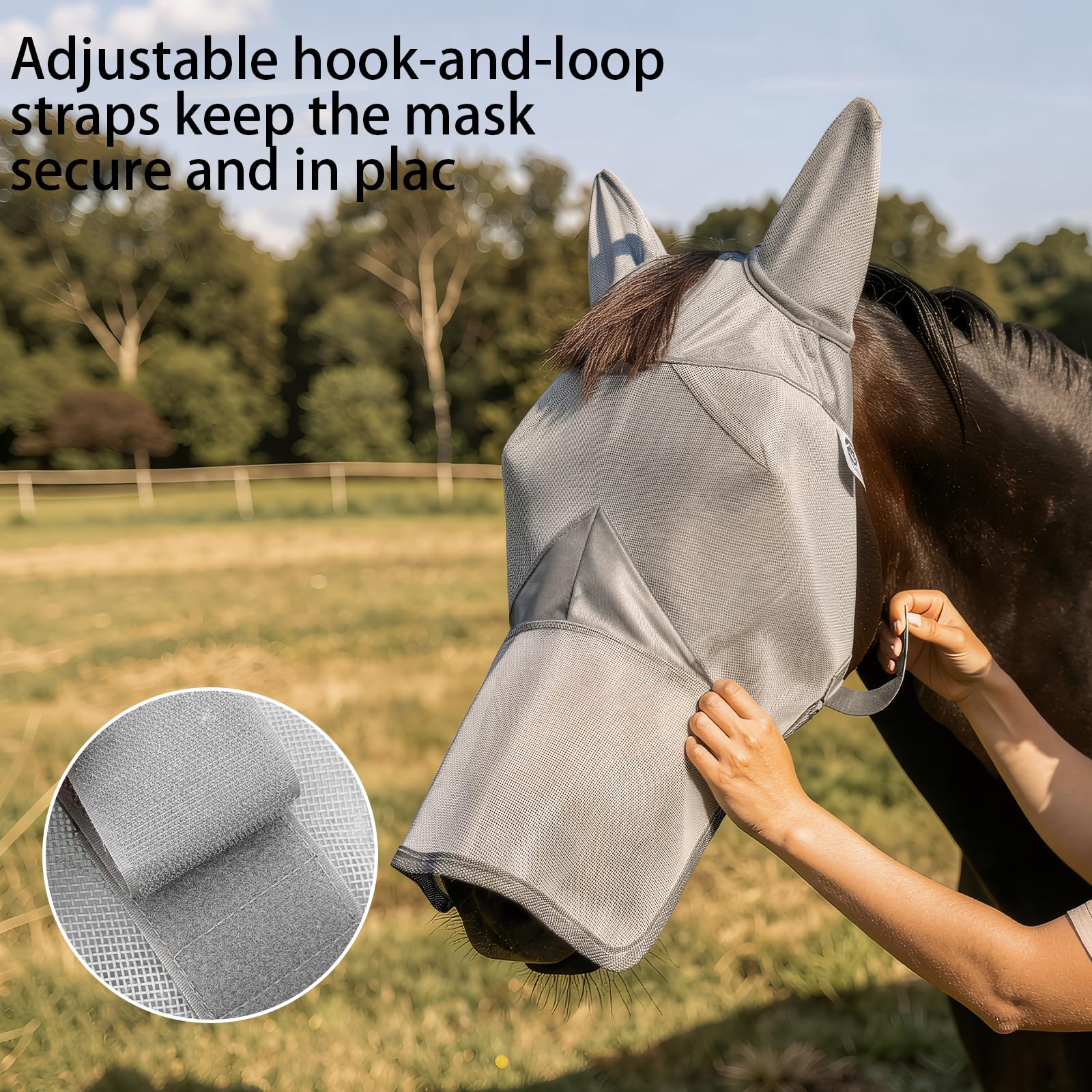 Raelitego Máscara de mosca de caballo con nariz, máscaras ajustables para caballos con orejas, protección UV contra plagas de insectos, malla cómoda sin nariz, tamaño medio, accesorios para caballos