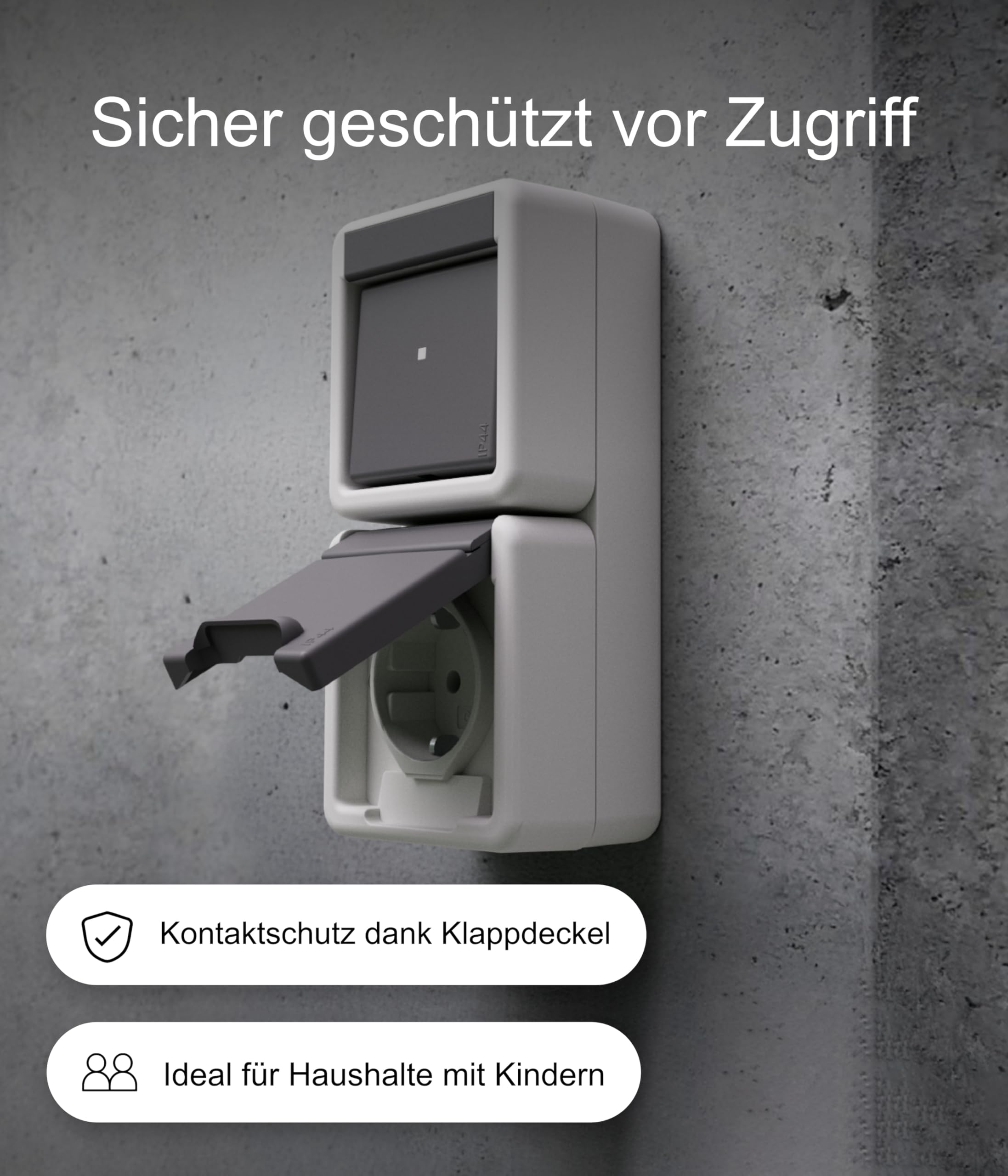 Gira Kombischalter 417630 Aufputz Grau I Kombination Aus/Wechsel + SCHUKO Steckdose senkrecht mit Klappdeckel I Wassergeschützt IP44 I Thermoplast bruchsicher